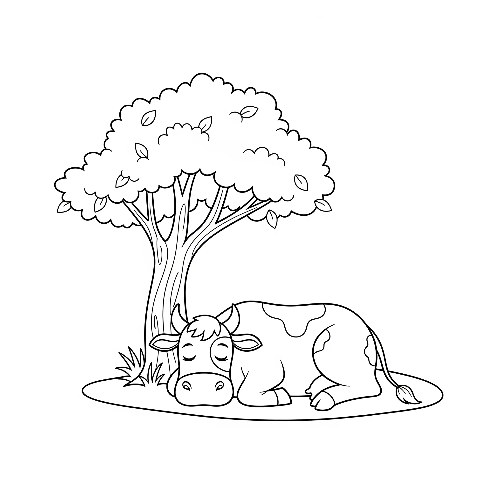 coloriage Une vache endormie sous un arbre à imprimer pour enfant de 8 ans