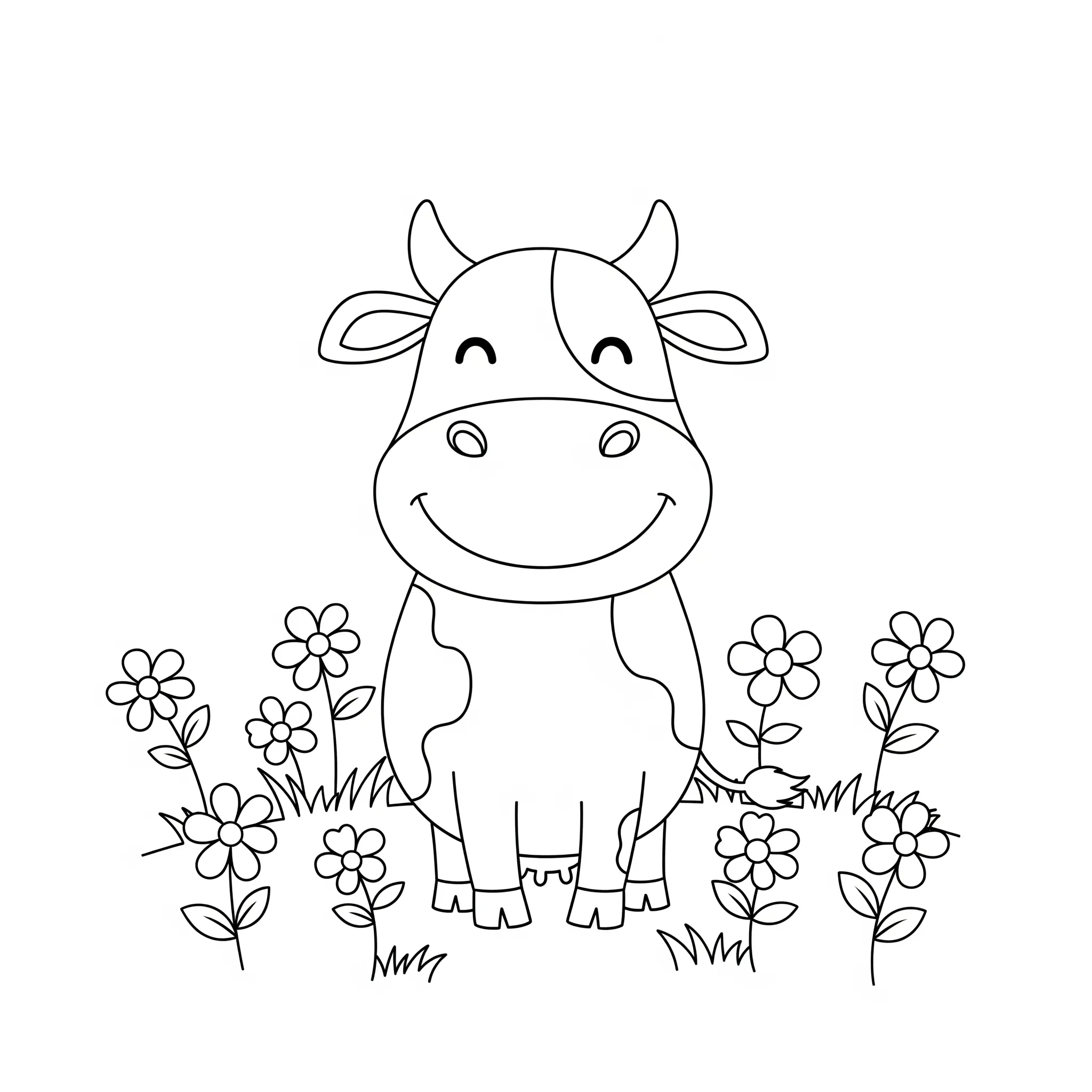 coloriage Une vache souriante dans un champ avec des fleurs gratuit à imprimer