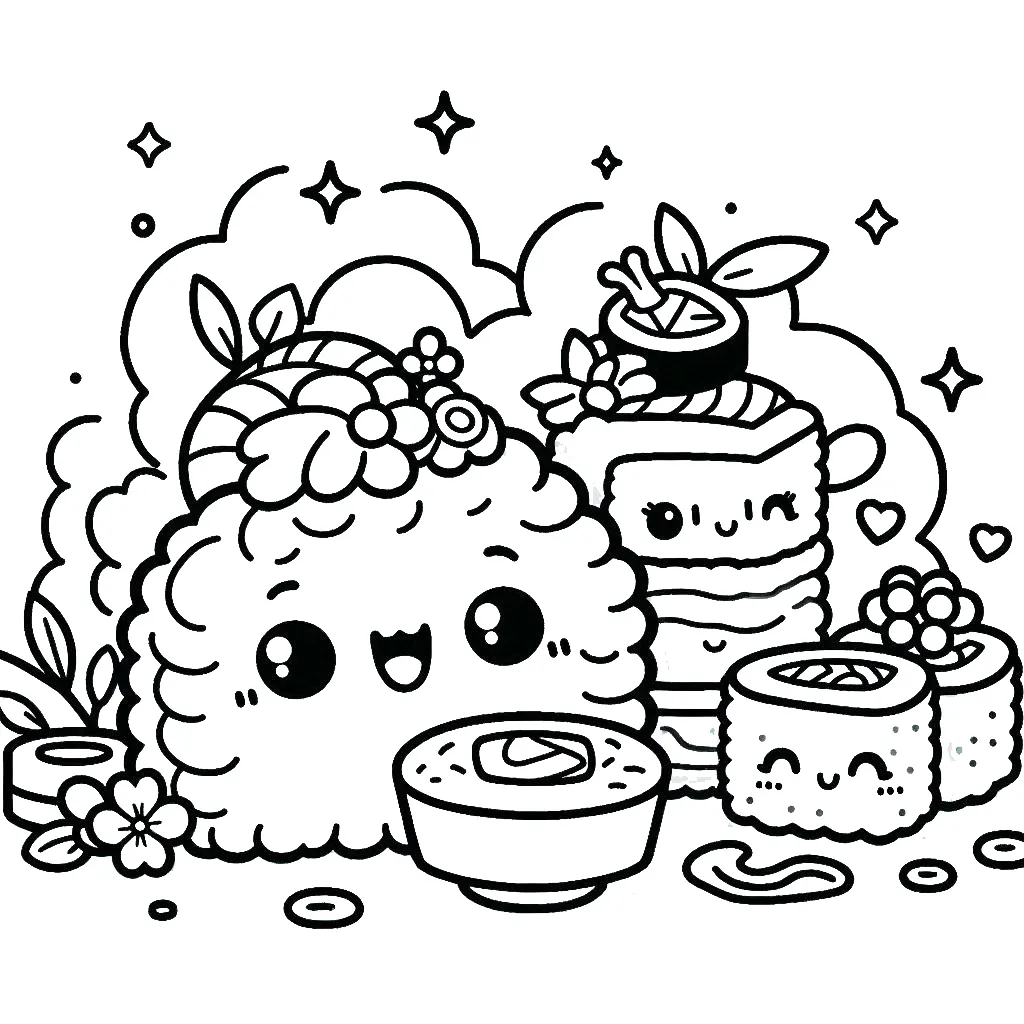 coloriage kawaii sushi pour enfant de 8 ans