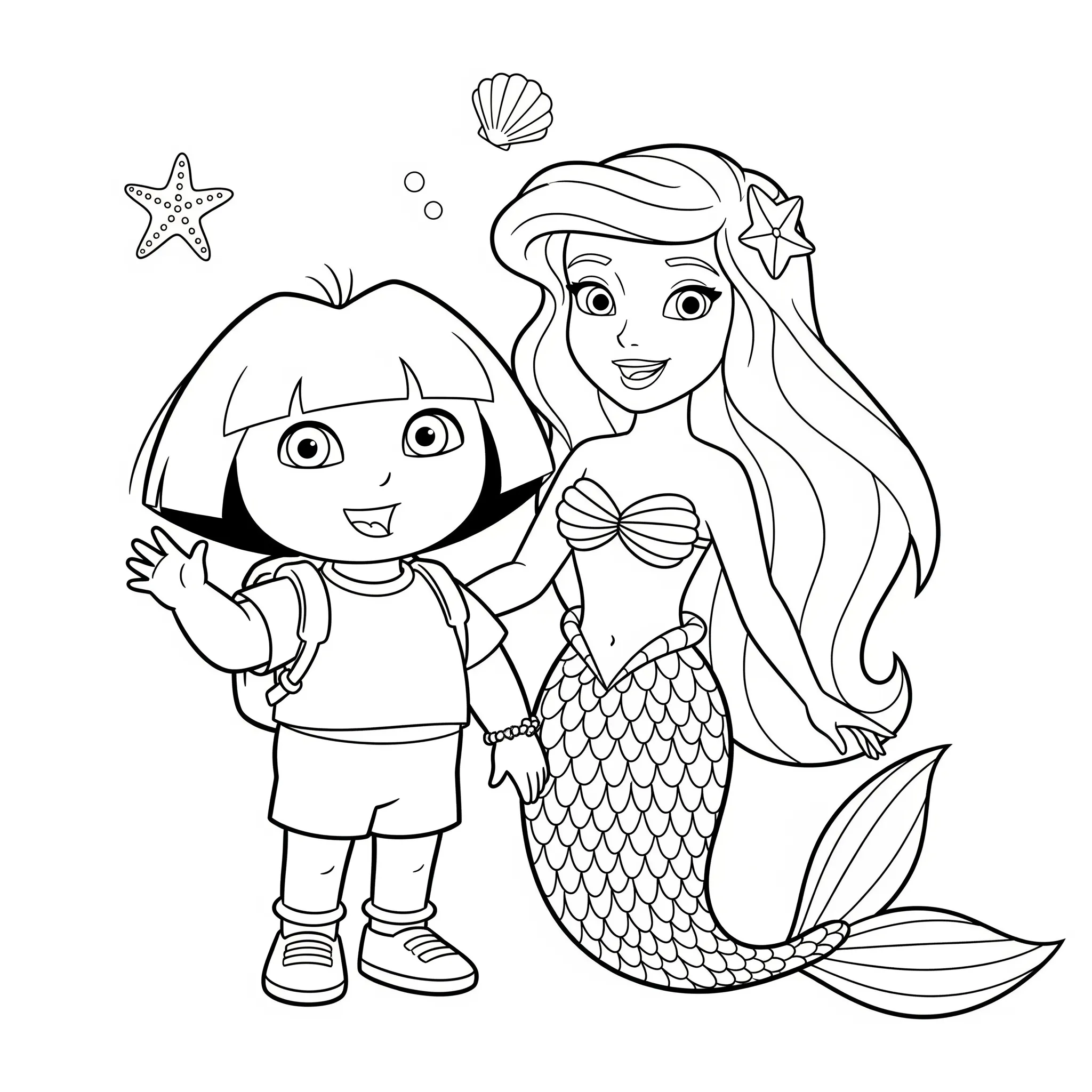 coloriage Dora et Véra la sirène et apprentissage