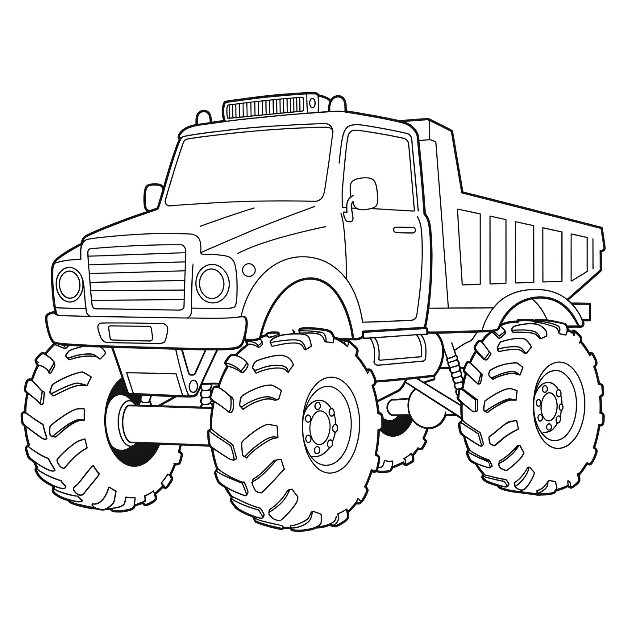 coloriage Un gros camion avec de gros pneus d'enfant a imprimer