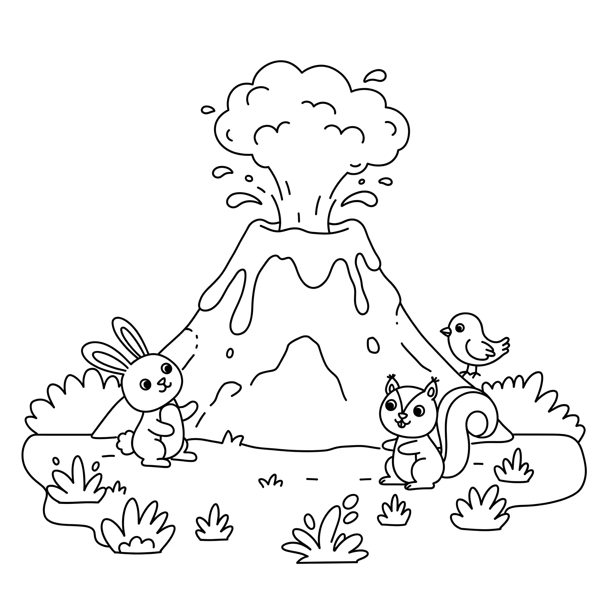 coloriage Un volcan et des animaux a imprimer