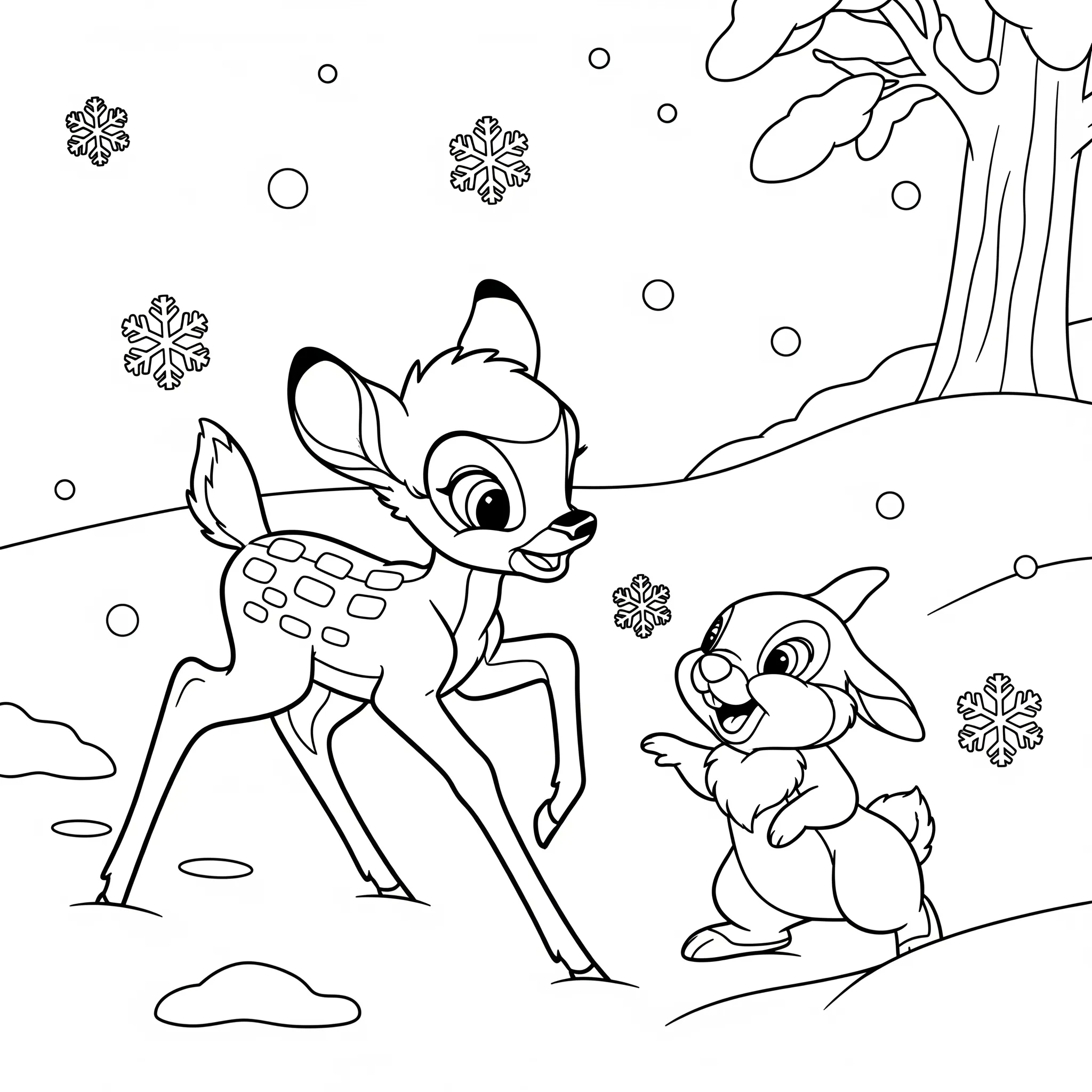 a imprimer coloriage Bambi et Panpan jouant dans la neige gratuit