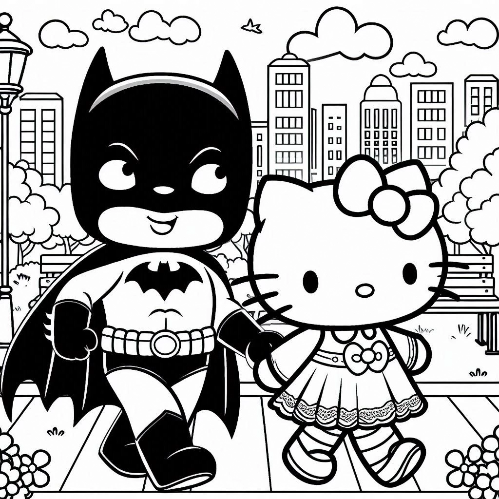 coloriage Batman et Hello Kitty a imprimer