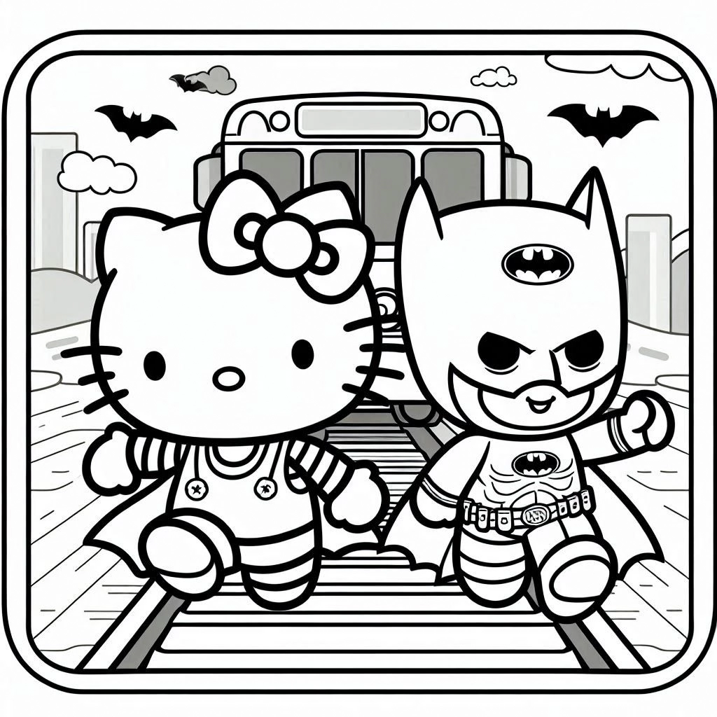 imprimer coloriage Batman et Hello Kitty pour enfant