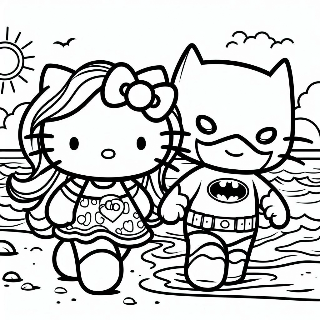 coloriage Batman et Hello Kitty pour enfant de 6 ans