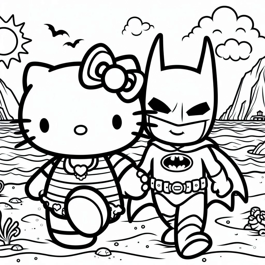 coloriage Batman et Hello Kitty pour enfant de 4 ans