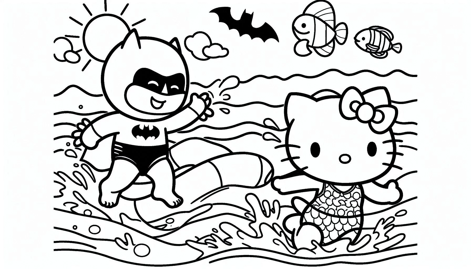 coloriage Batman et Hello Kitty à imprimer pour enfant de 9 ans