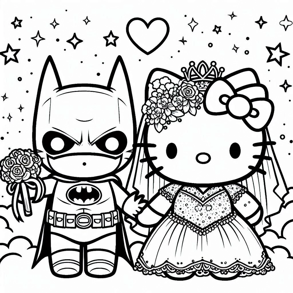 coloriage Batman et Hello Kitty à imprimer pour enfant de 4 ans