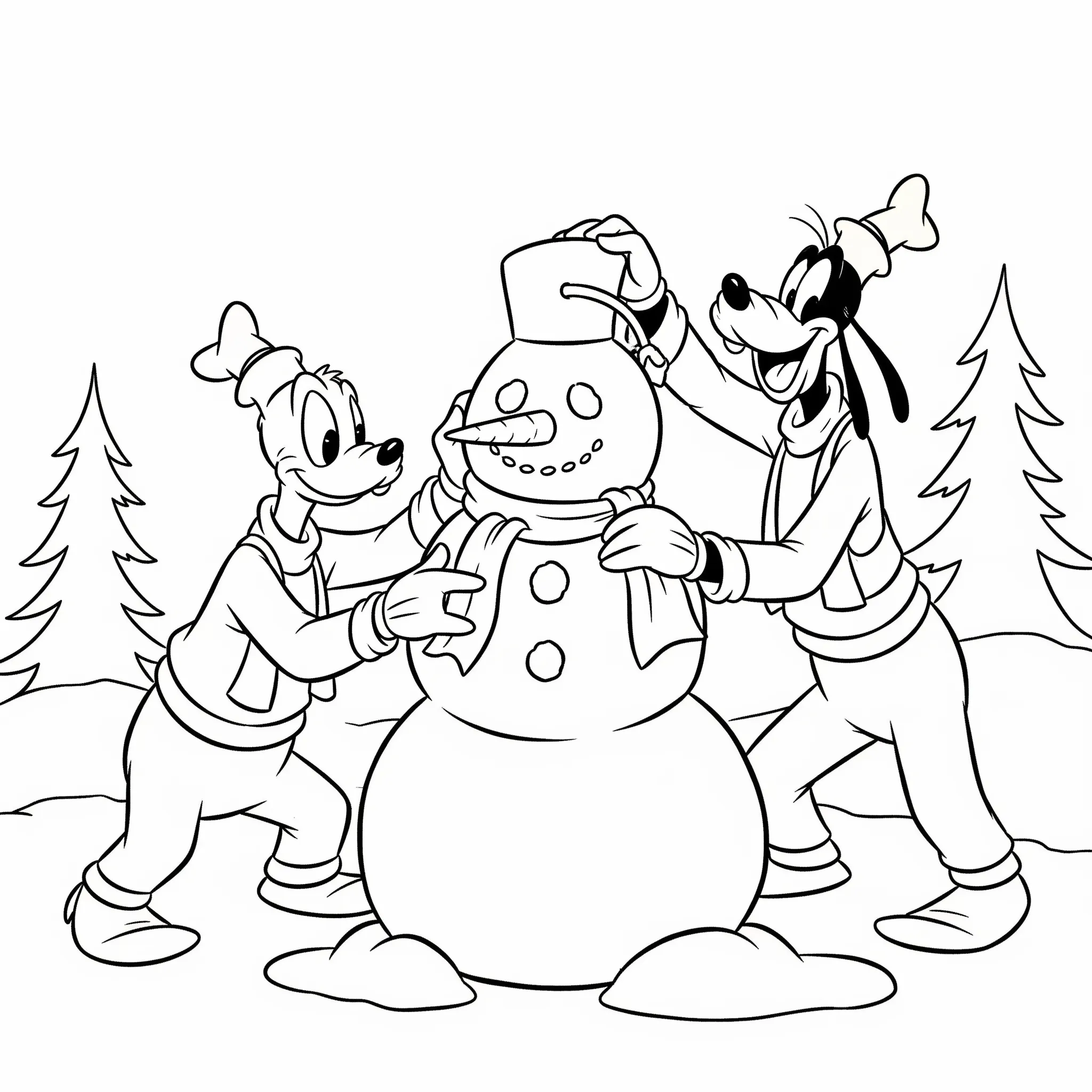 coloriage Donald et Dingo décorant un bonhomme de neige pour enfant à imprimer