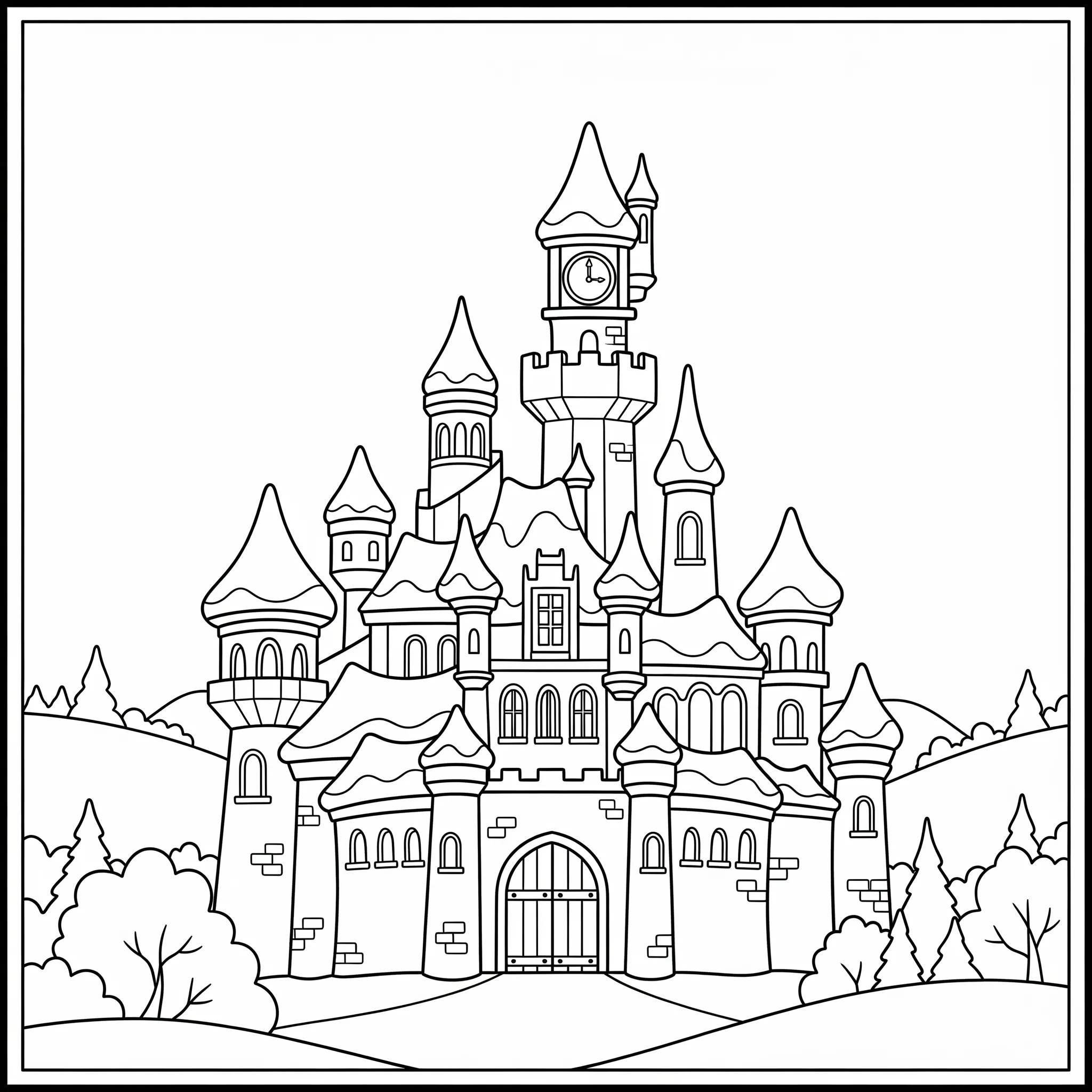 coloriage Le château de la Belle au Bois Dormant enneigé à imprimer pdf gratuit