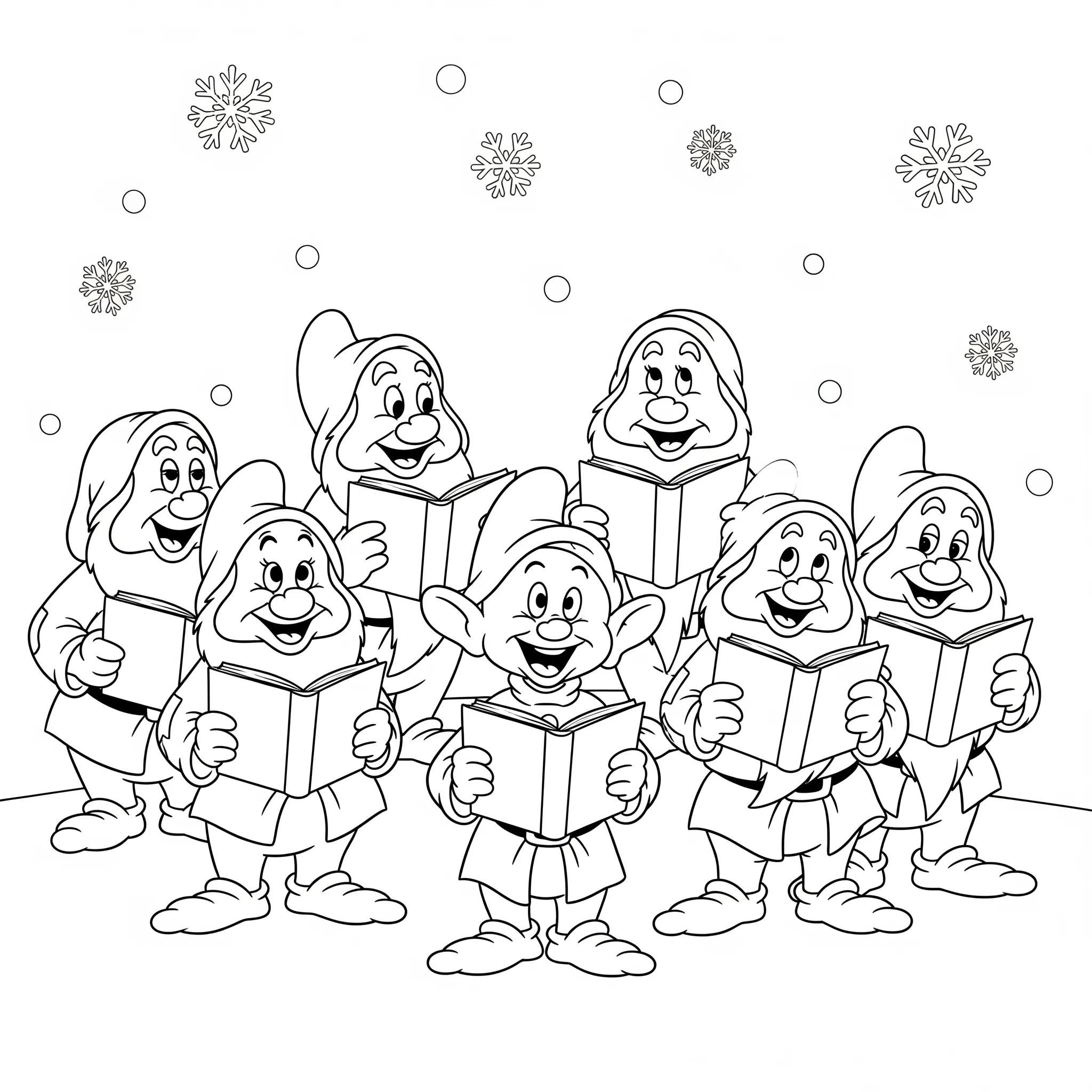coloriage Les 7 Nains chantant des chants de Noël pour enfant de 5 ans