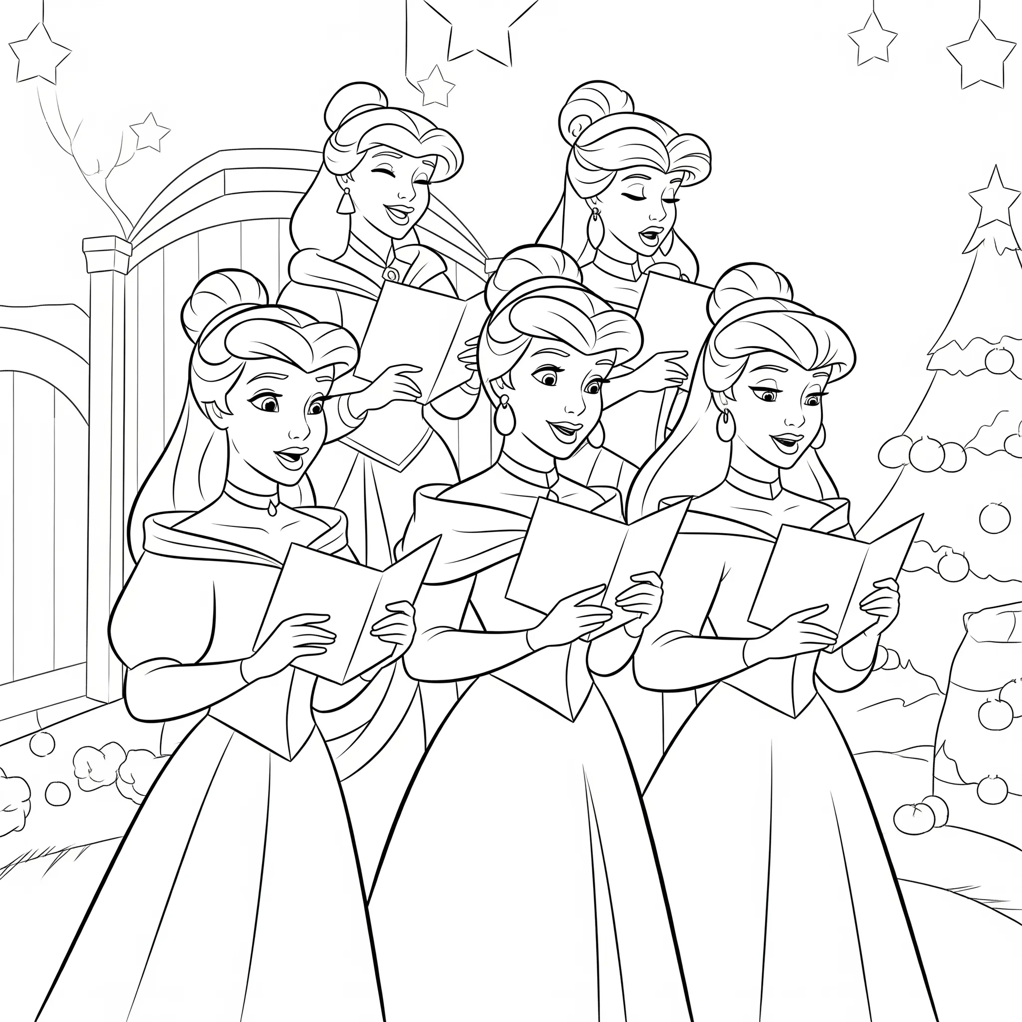 imprimer coloriage Les princesses Disney chantant des chants de Noël gratuit