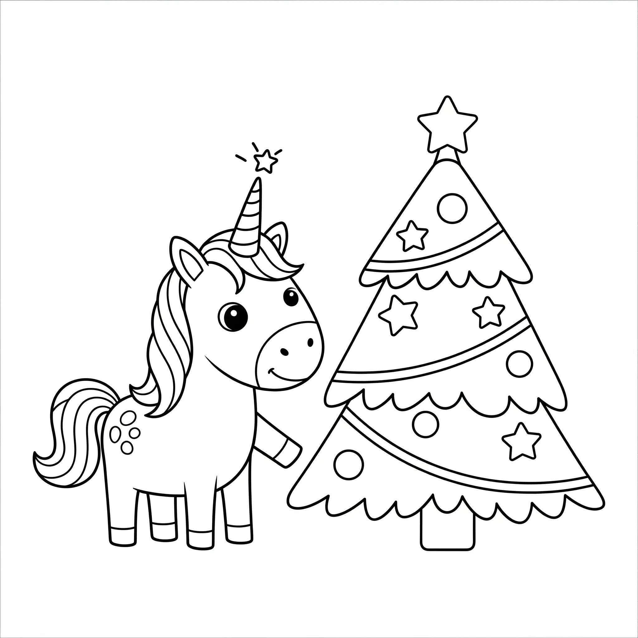 coloriage Licorne Joyeuse près du Sapin à imprimer pdf gratuit