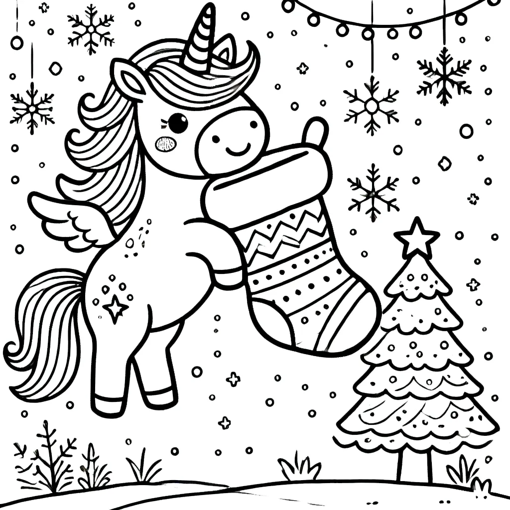 coloriage Licorne de Noël pour enfants a imprimer 2