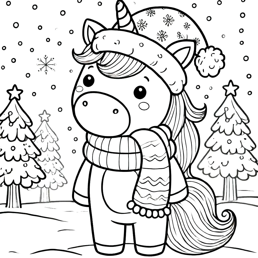 coloriage Licorne de Noël à imprimer kawaii