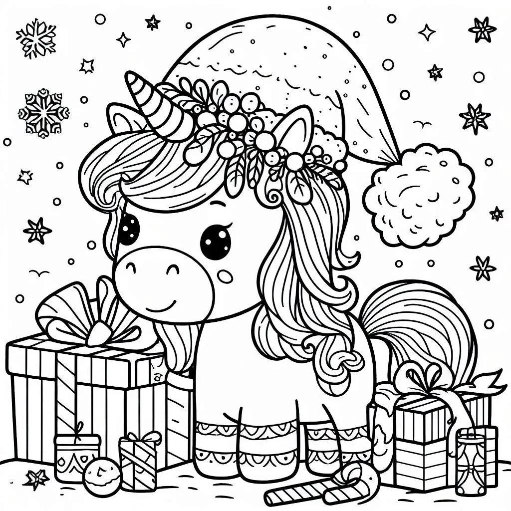 coloriage Licorne de Noël à imprimer gratuit 1