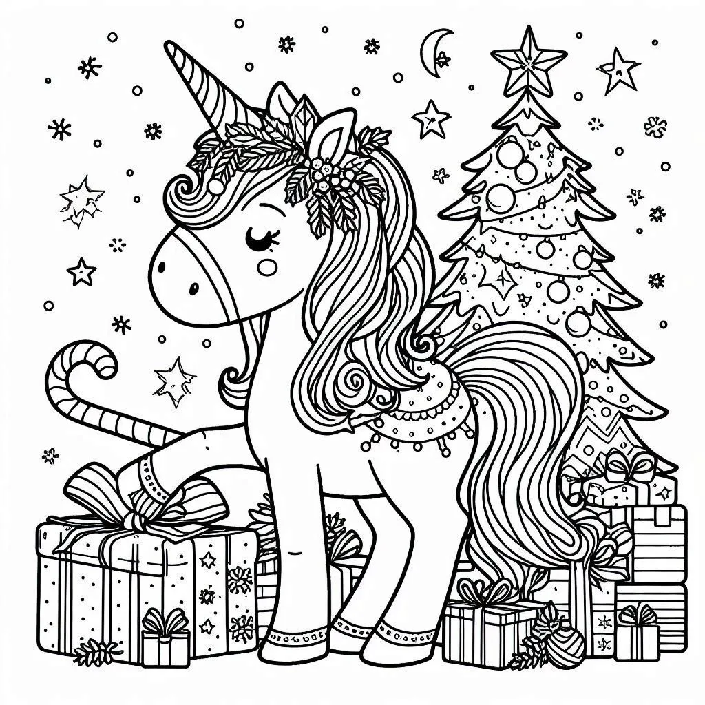 coloriage Licorne de Noël à imprimer kawaii 1