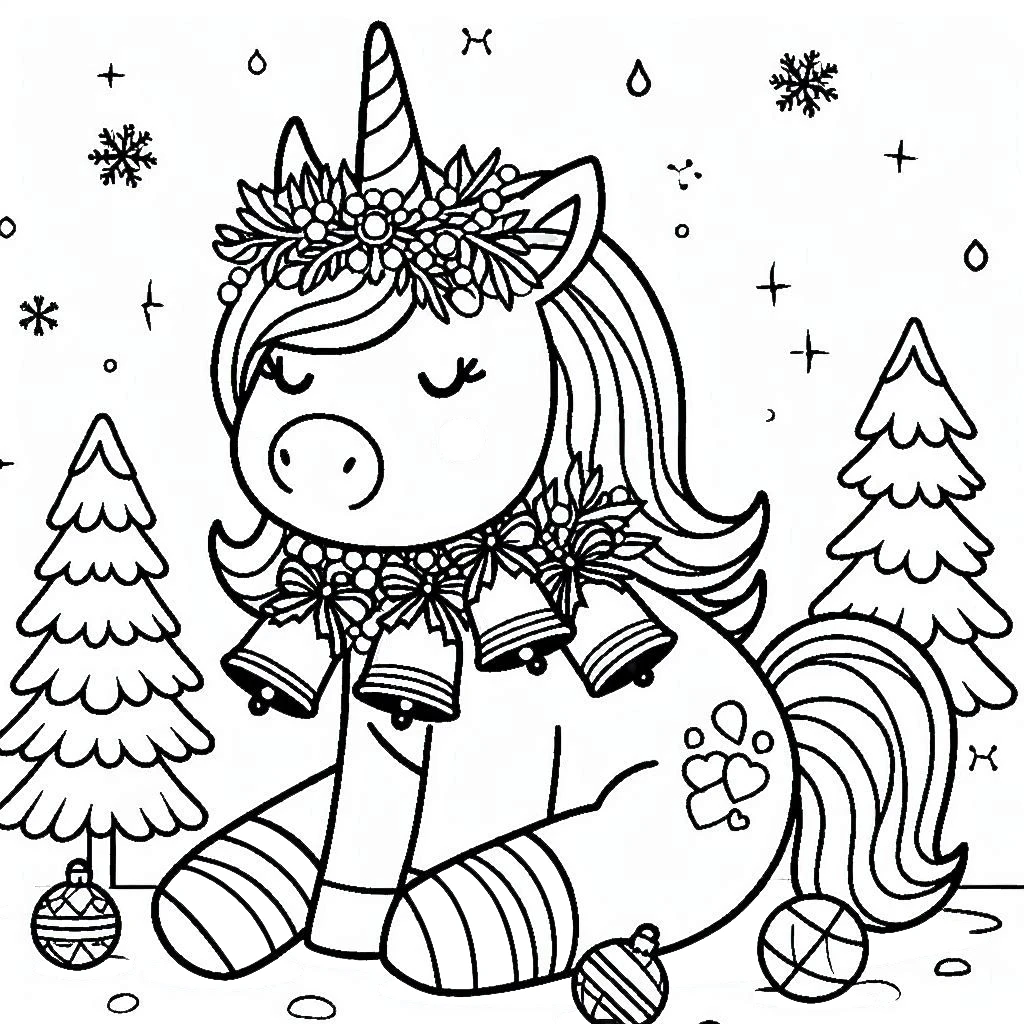 coloriage Licorne de Noël pour enfants a imprimer