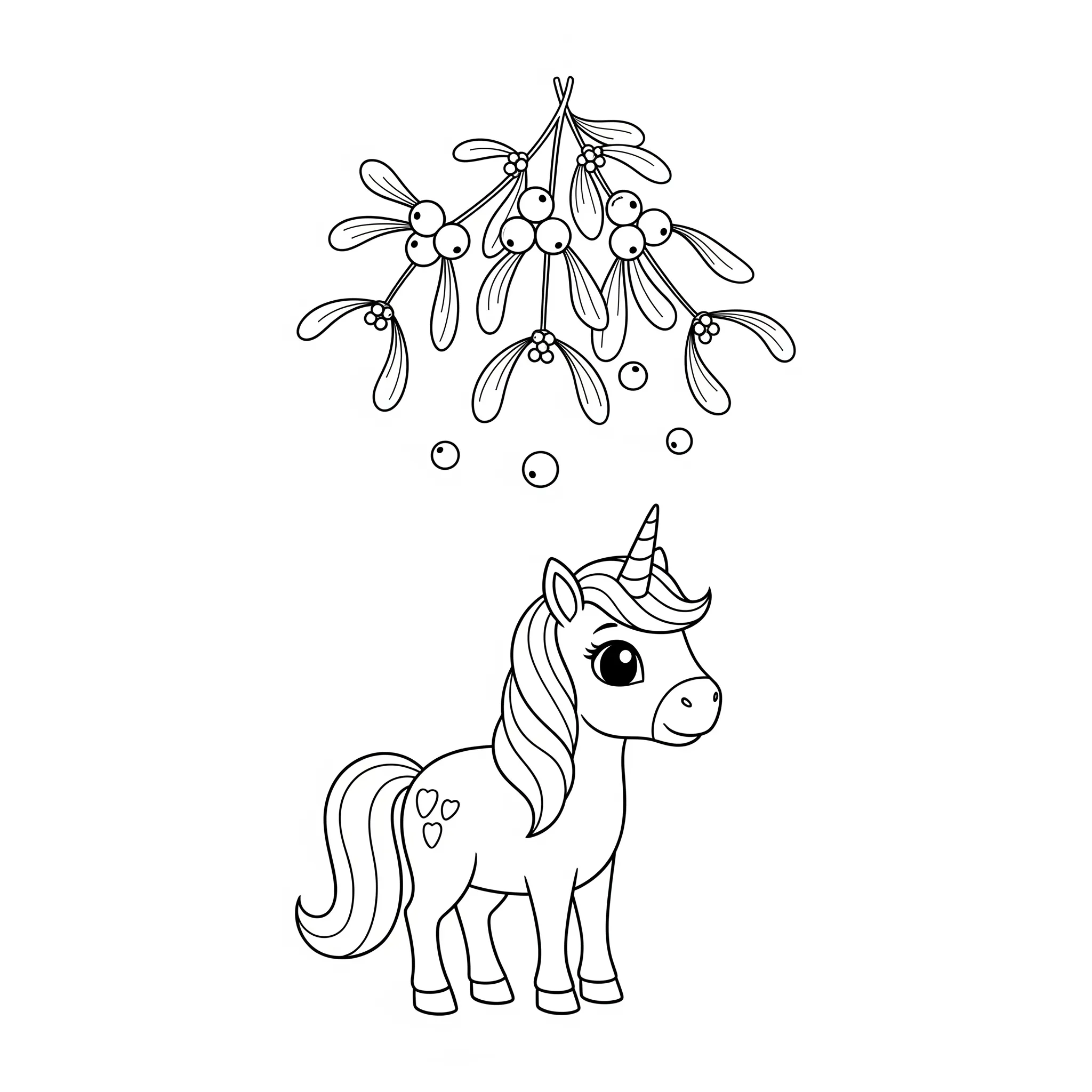 coloriage Licorne sous le Gui Magique à imprimer pour enfant de 7 ans
