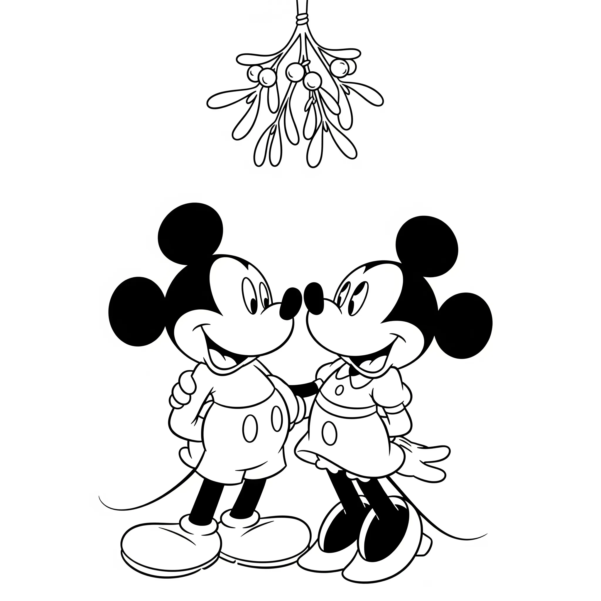 coloriage Mickey et Minnie sous le gui d'enfant a imprimer