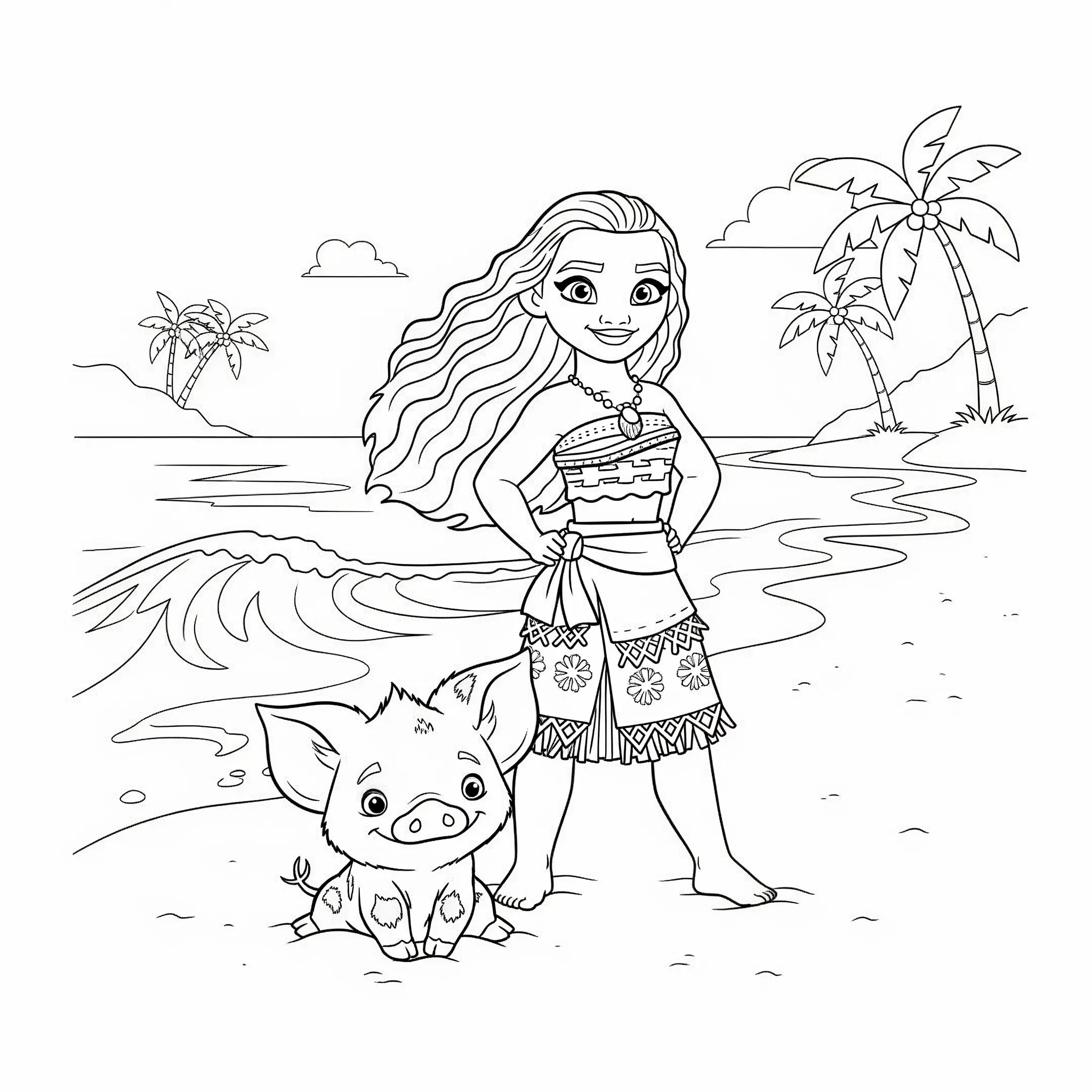 coloriage Moana et Pua sur la Plage gratuit en ligne