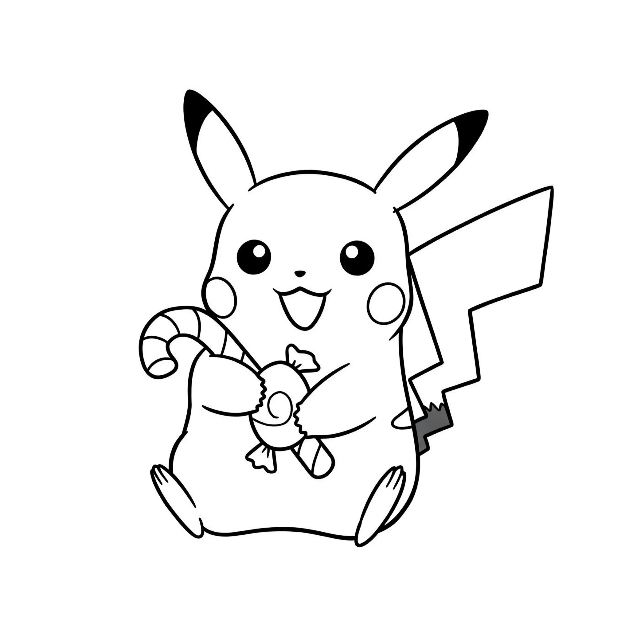 coloriage Pikachu tenant une canne en sucre pour enfant de 10 ans