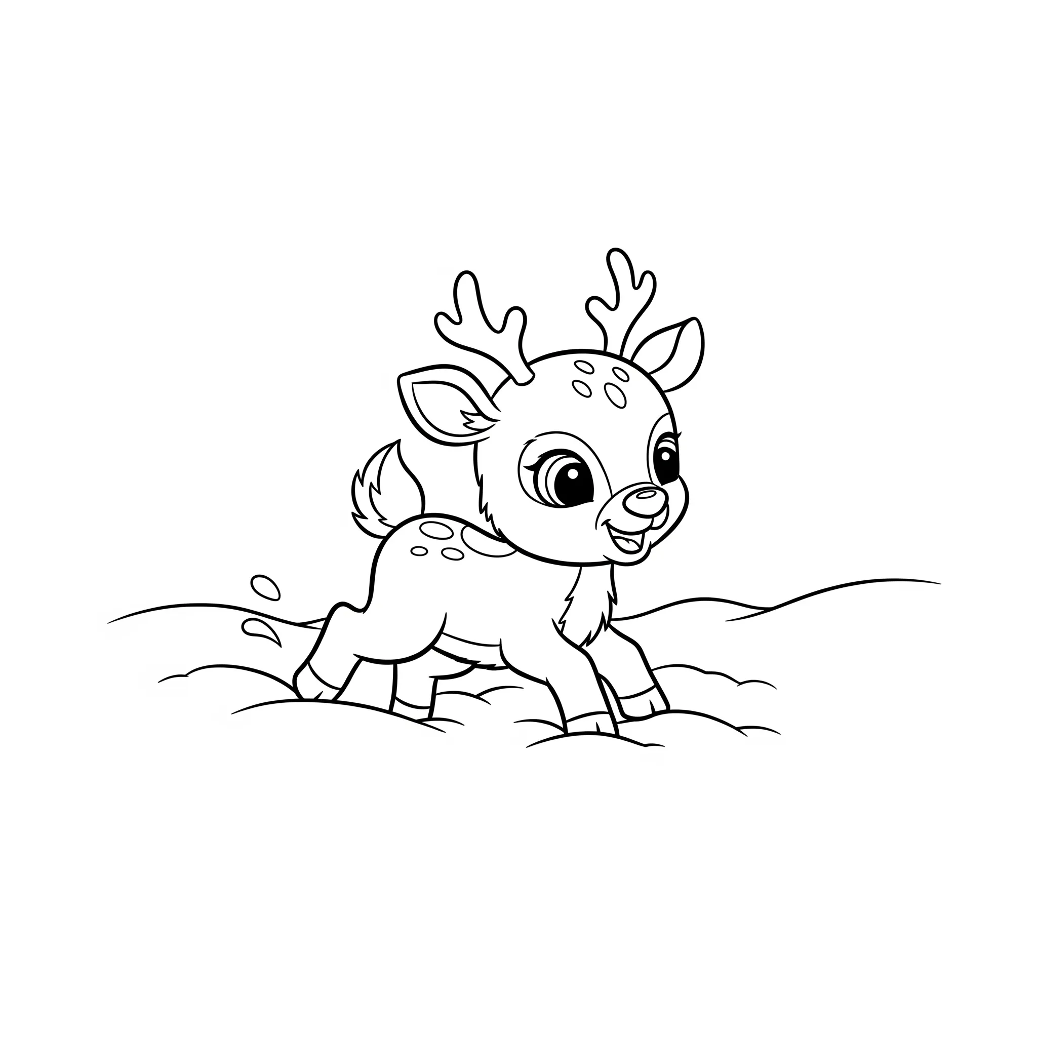 coloriage Un bébé renne jouant dans la neige et découpage à imprimer