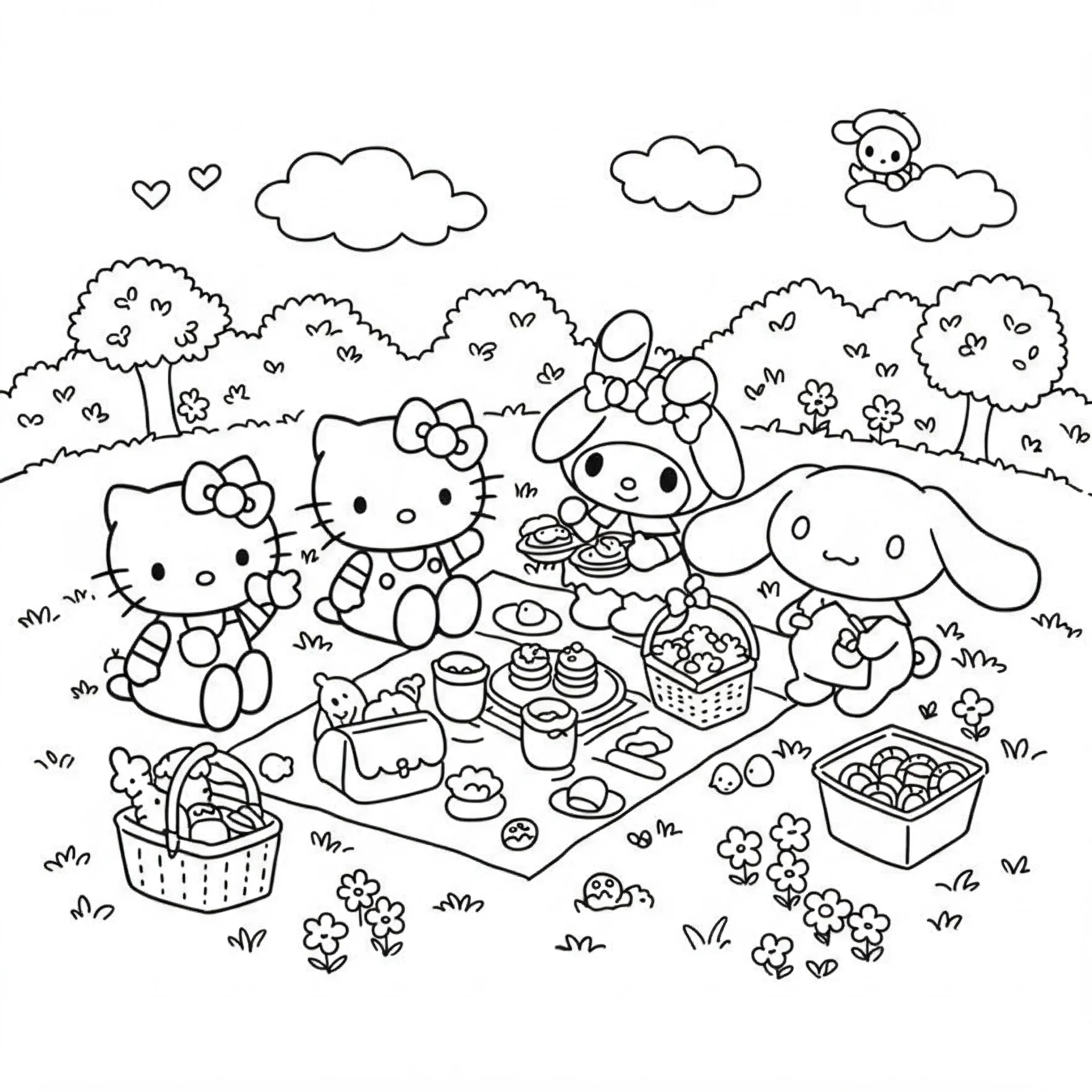 coloriage Un groupe d’amis Sanrio gratuit à imprimer