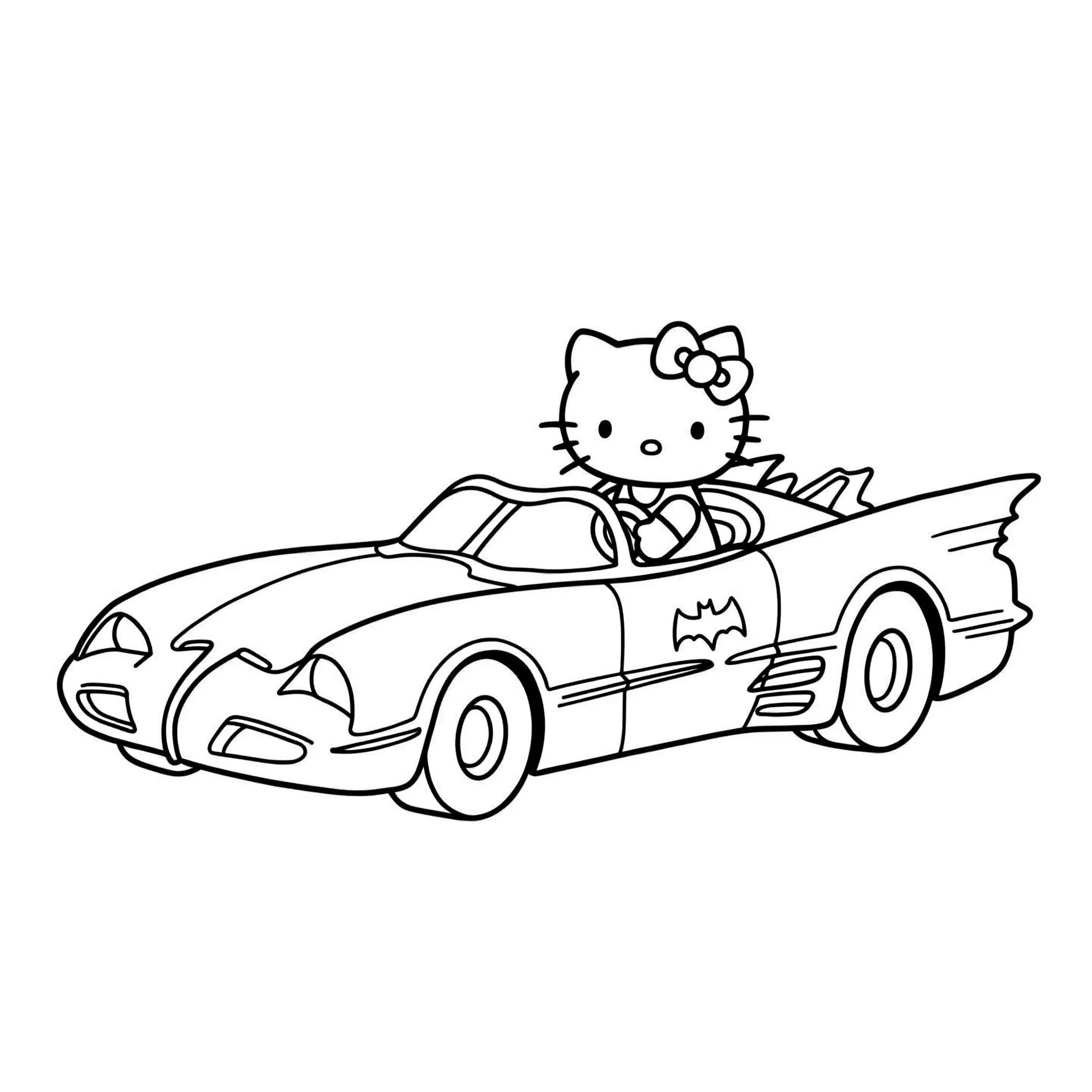 coloriage Une Batmobile rose avec Hello Kitty au volant et dessin a imprimer