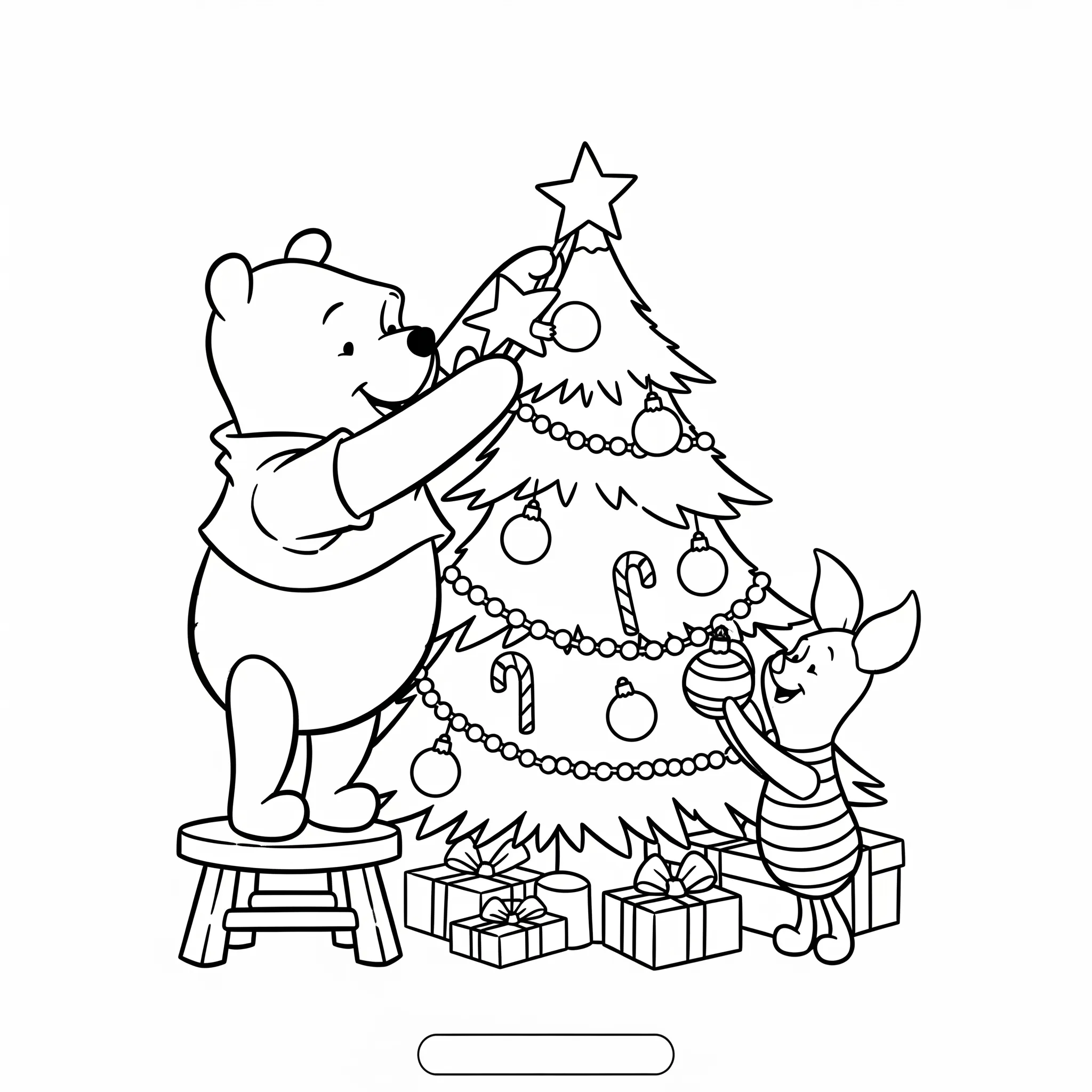 coloriage Winnie l’Ourson et Porcinet décorant un sapin de Noël gratuit pour enfants
