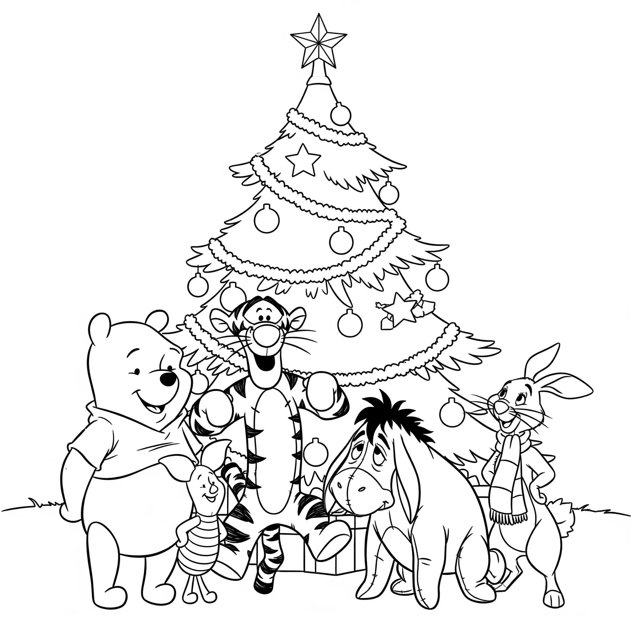 coloriage Winnie l’Ourson et ses amis devant le sapin a dessiner en ligne