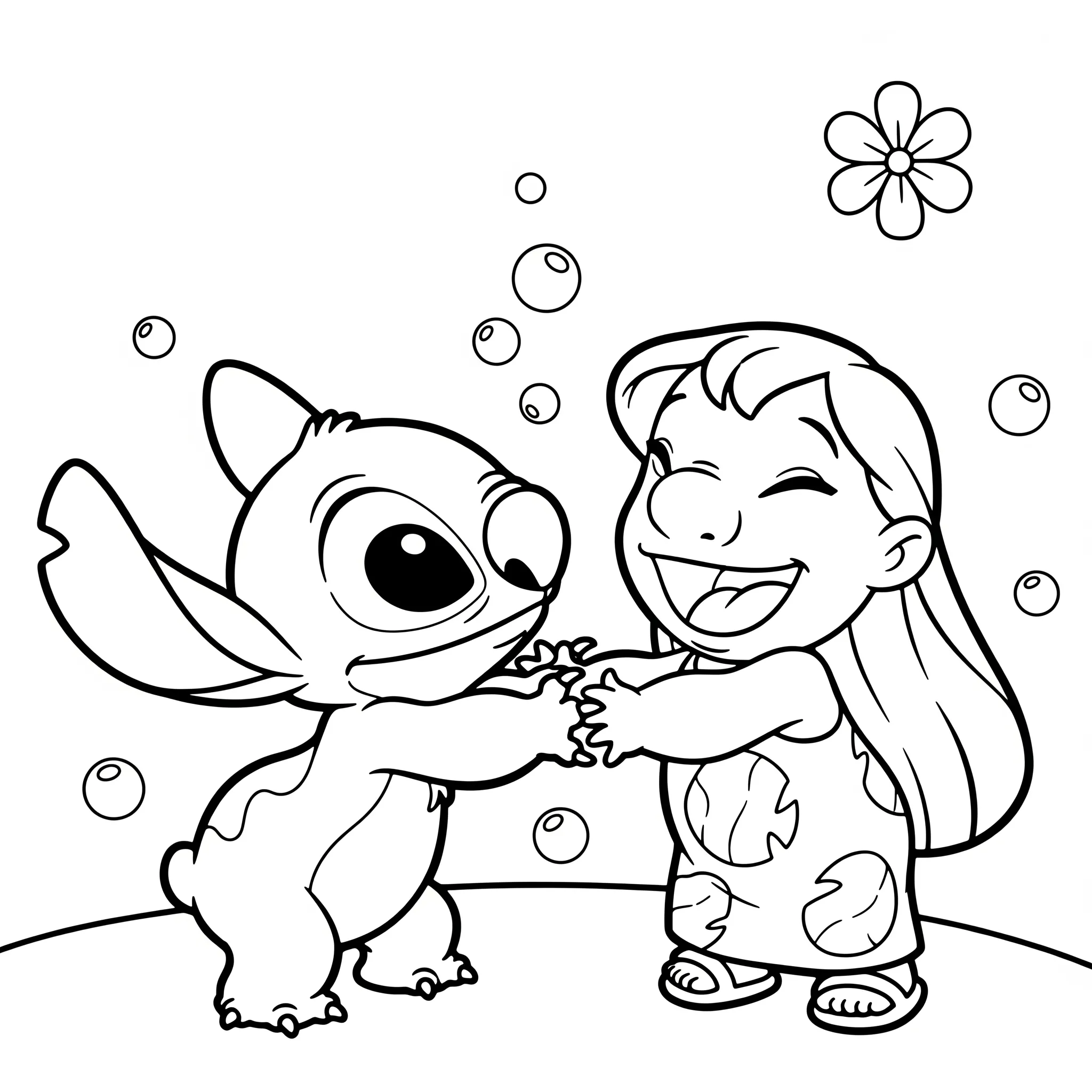 coloriage Bébé Stitch et Lilo en train de s’amuser et apprentissage