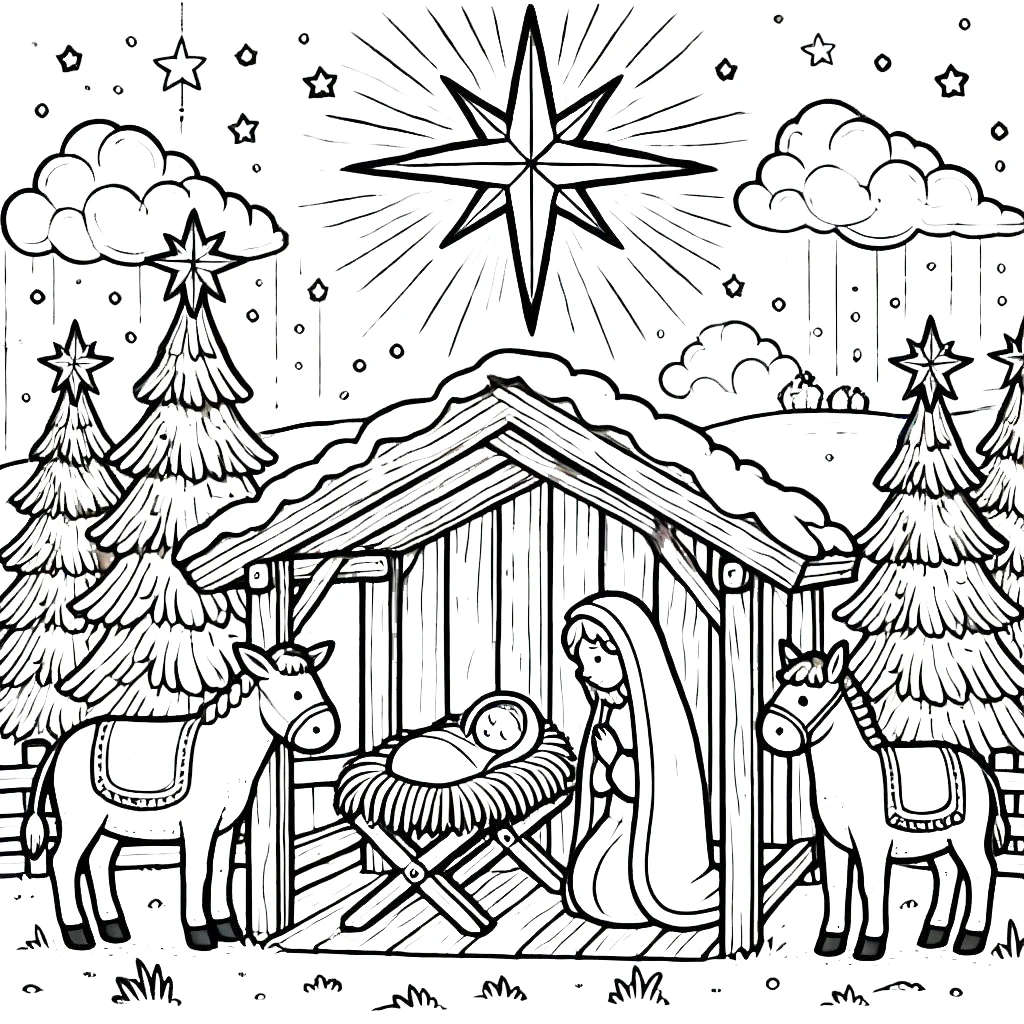 coloriage Crèche de Noël a imprimer pour enfant de 4 ans