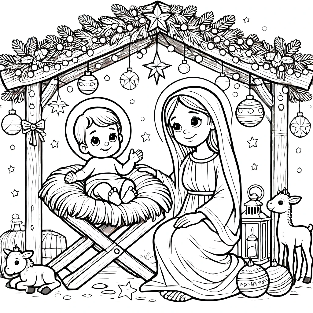 coloriage Crèche de Noël à imprimer pour enfant de 10 ans