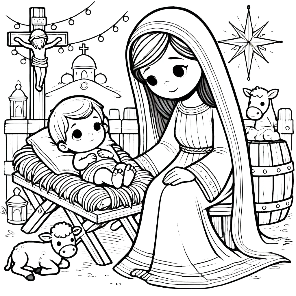 coloriage Crèche de Noël a colorier en ligne gratuitement