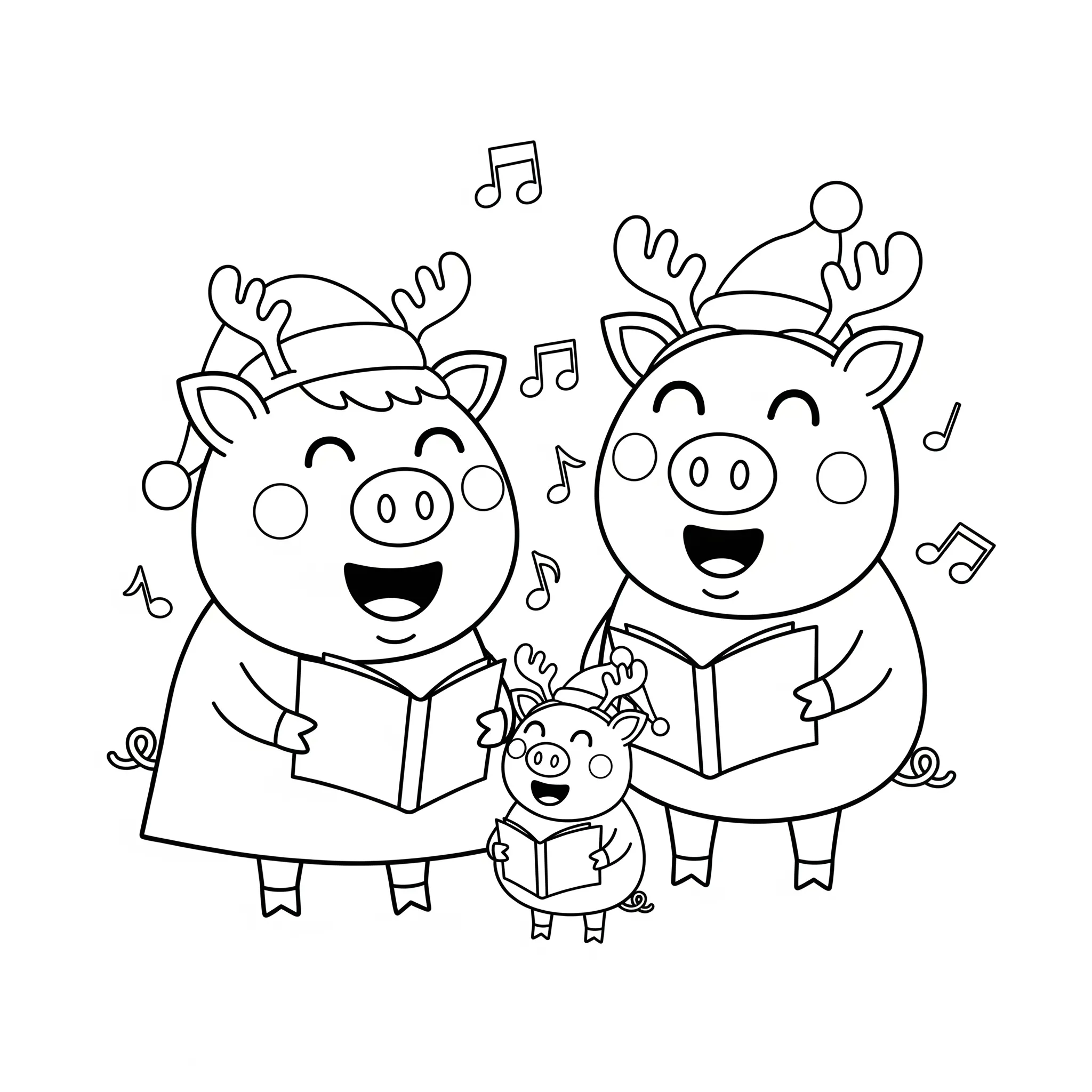 coloriage La famille Pig chantant des chants de Noël a imprimer gratuitement
