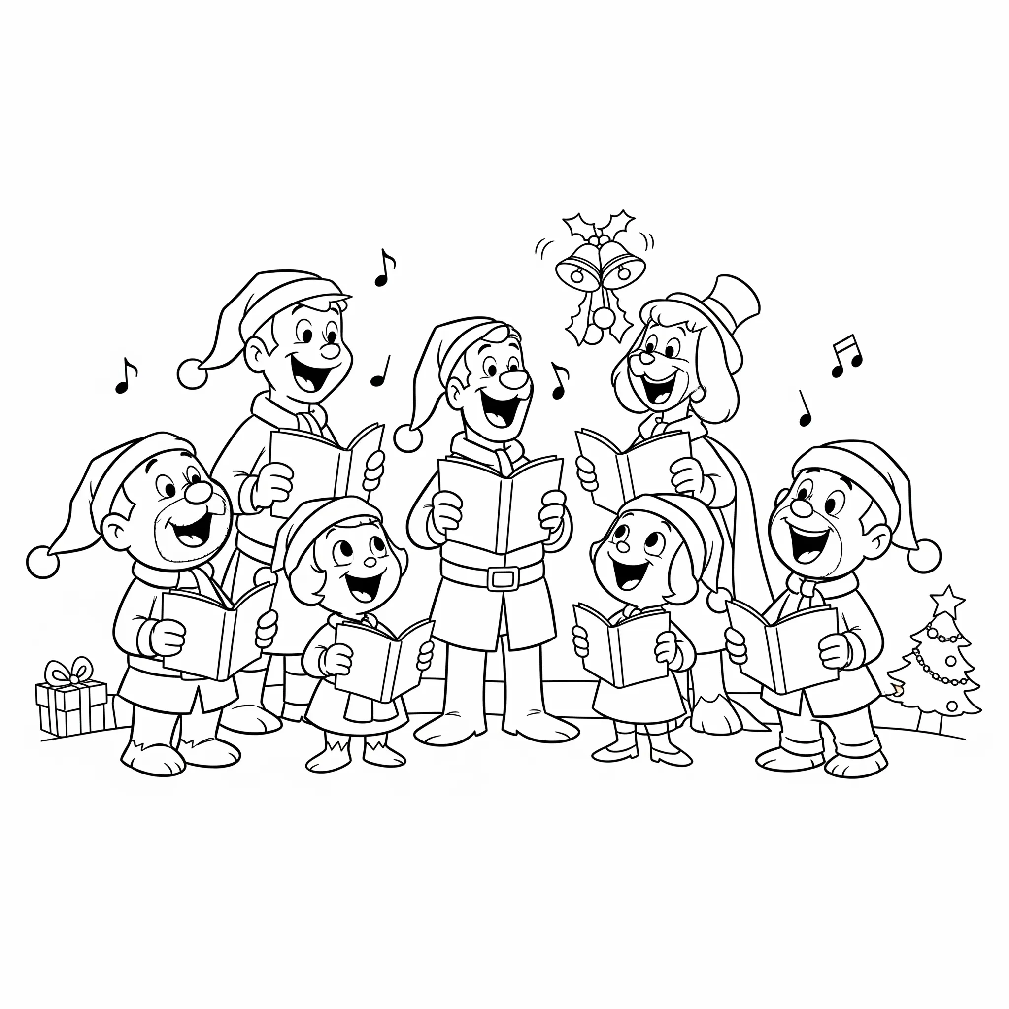 coloriage Le gang chantant des chants de Noël pour enfants a imprimer gratuit