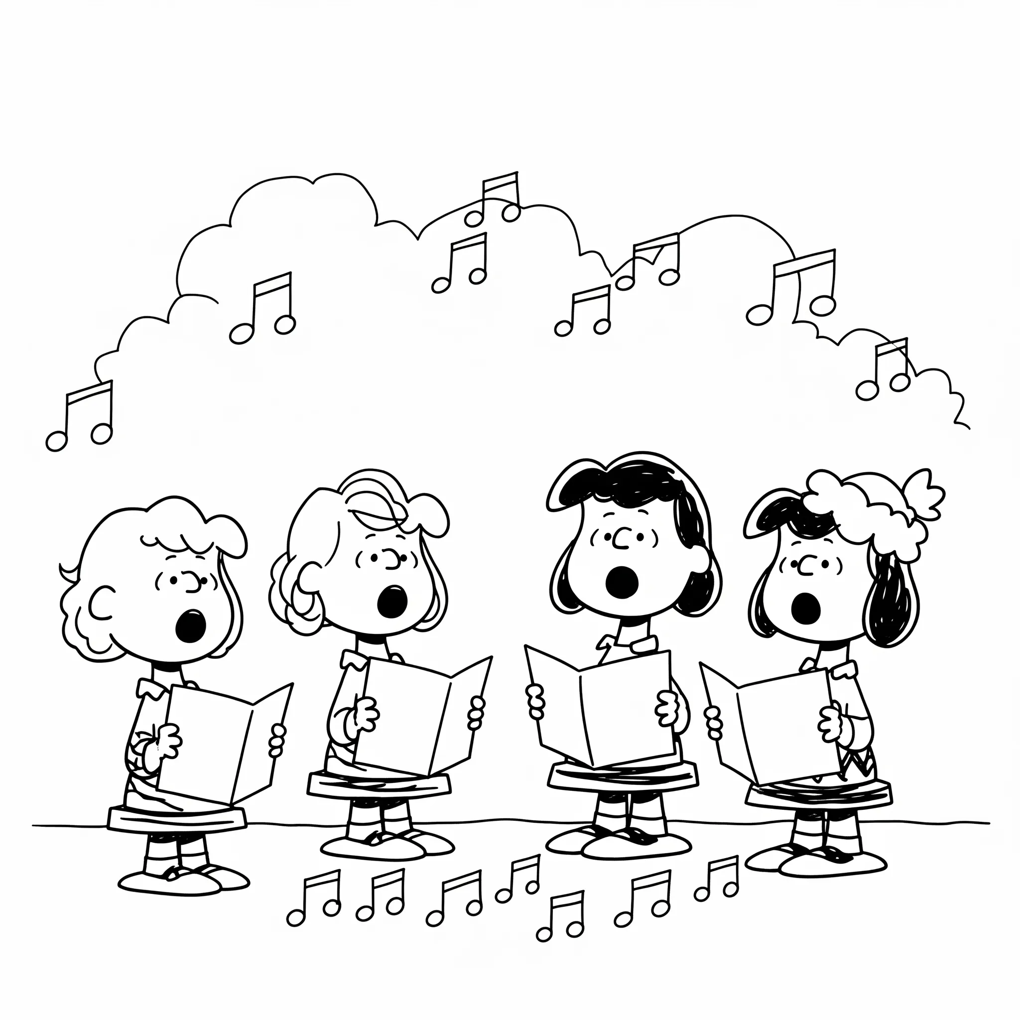 coloriage Le groupe de la Bande à Charlie Brown chantant des chants de Noël gratuit pour enfants