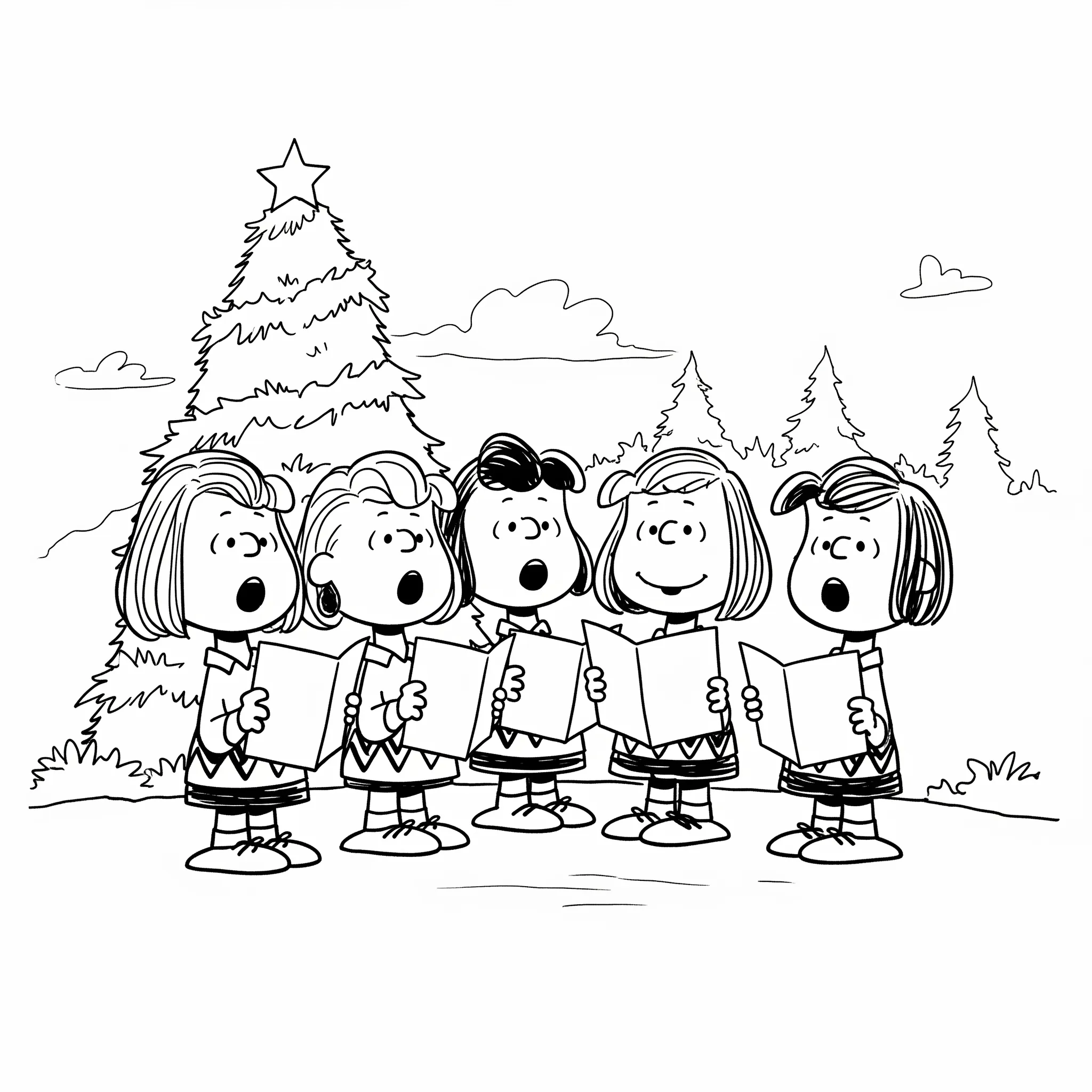 coloriage Le groupe des Peanuts chantant des chants de Noël à imprimer kawaii