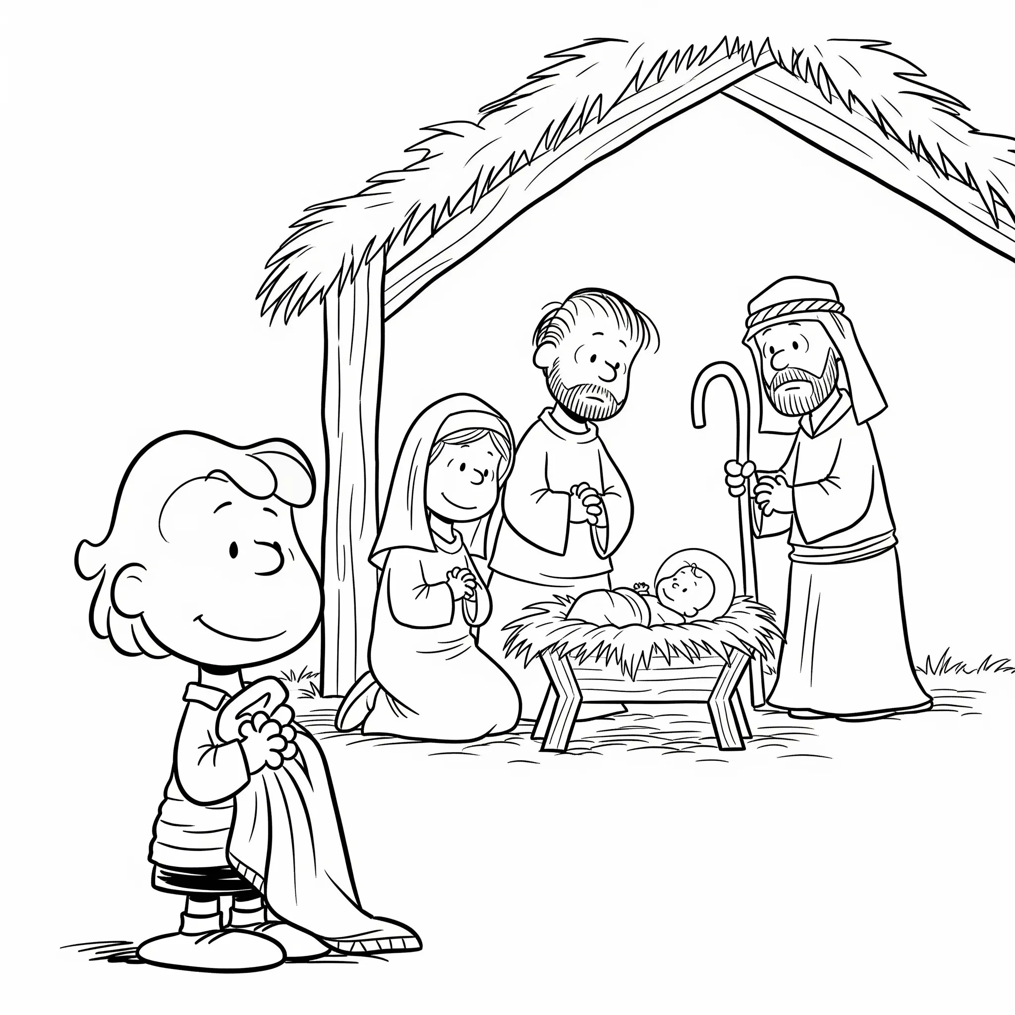 coloriage Linus et sa couverture près de la crèche pour enfants a imprimer