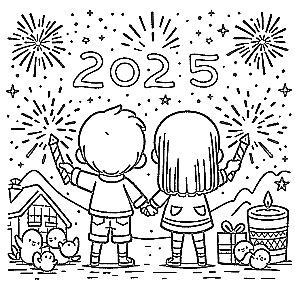 image pour coloriage Nouvel An 2025 enfant 2