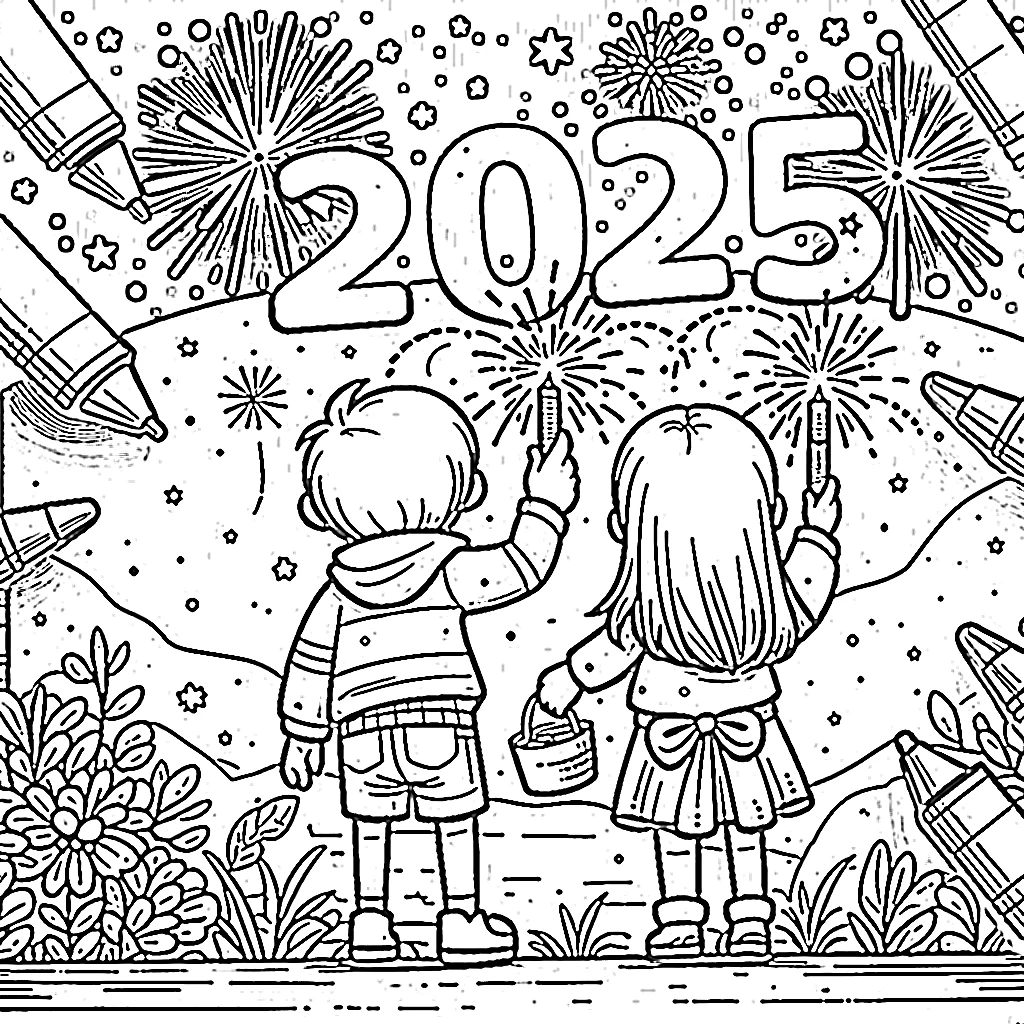 coloriage Nouvel An 2025 pour enfant de 3 ans