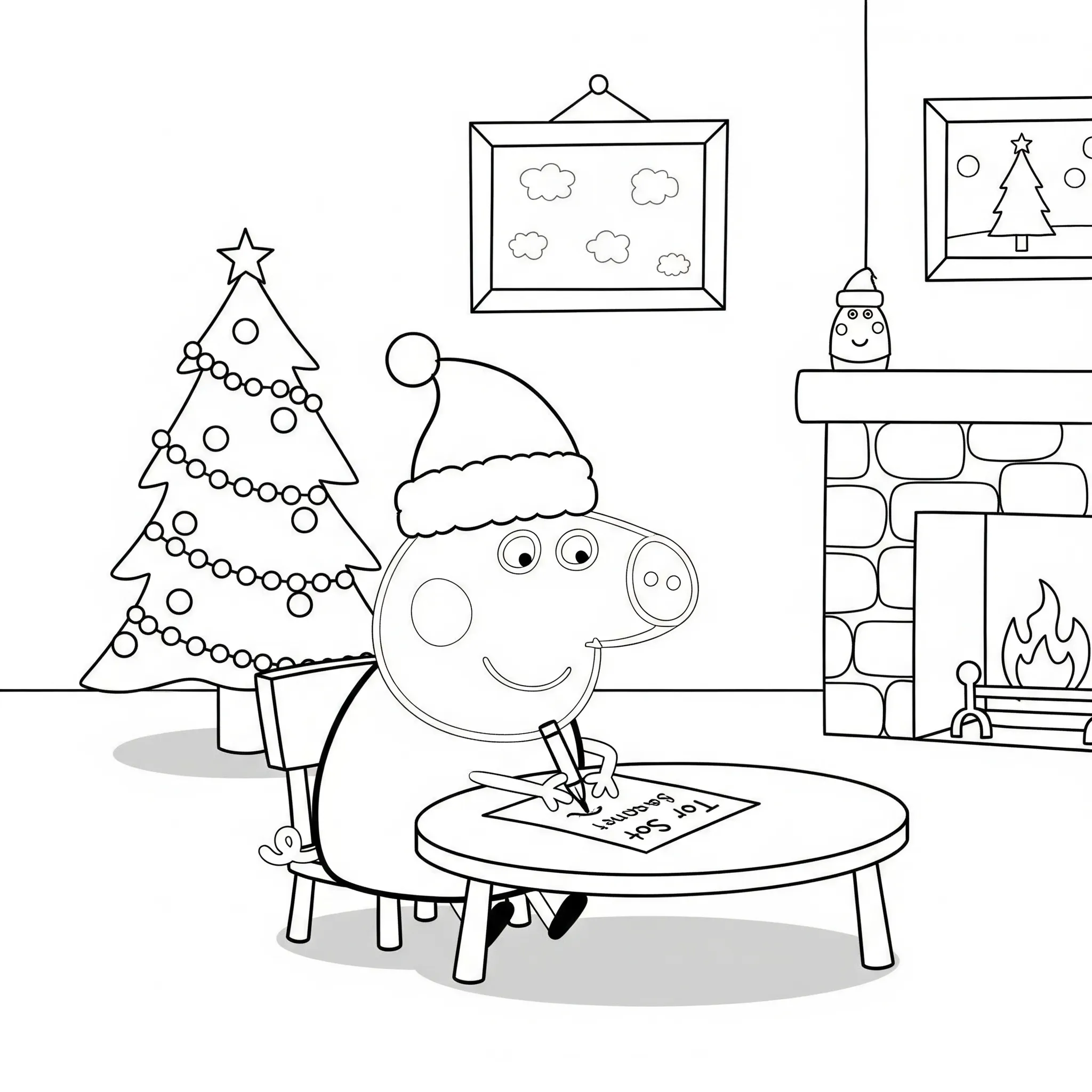 coloriage Peppa Pig écrivant sa lettre au Père Noël pour enfant à imprimer