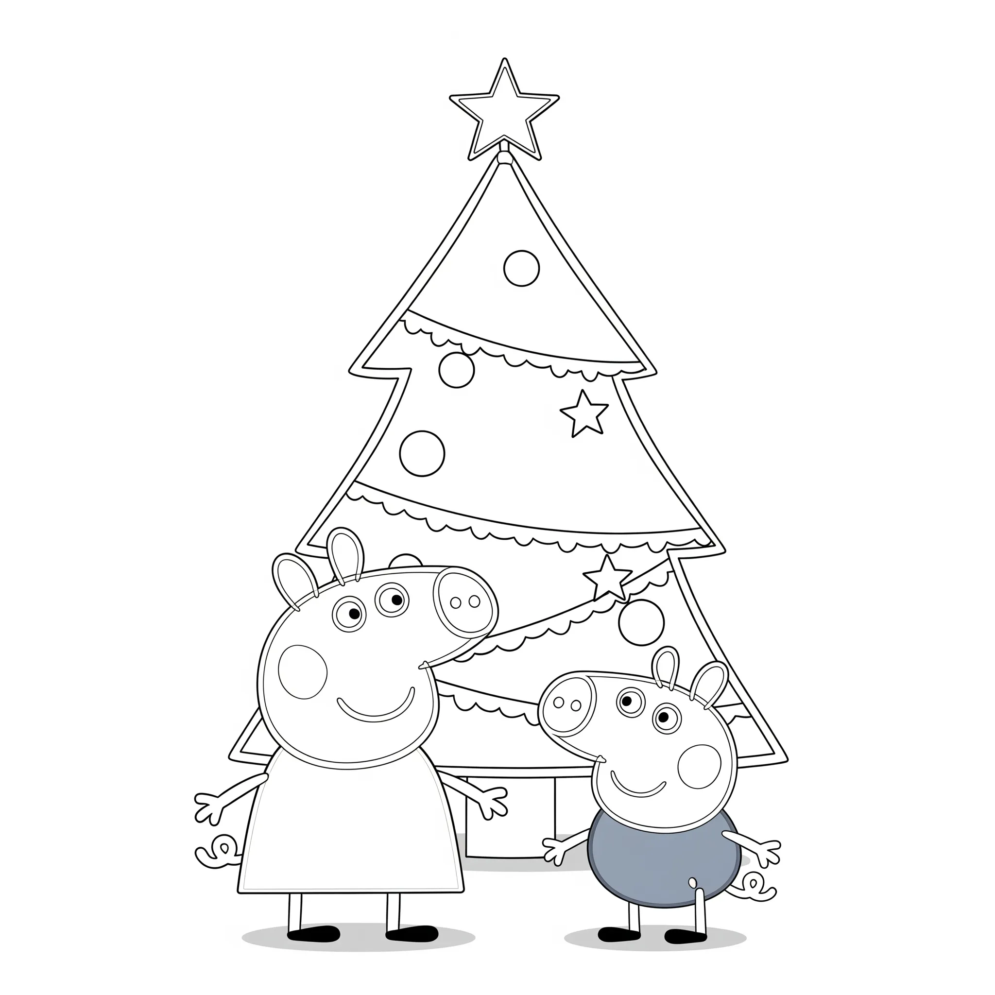 coloriage Peppa et George devant le sapin de Noël et dessin a imprimer