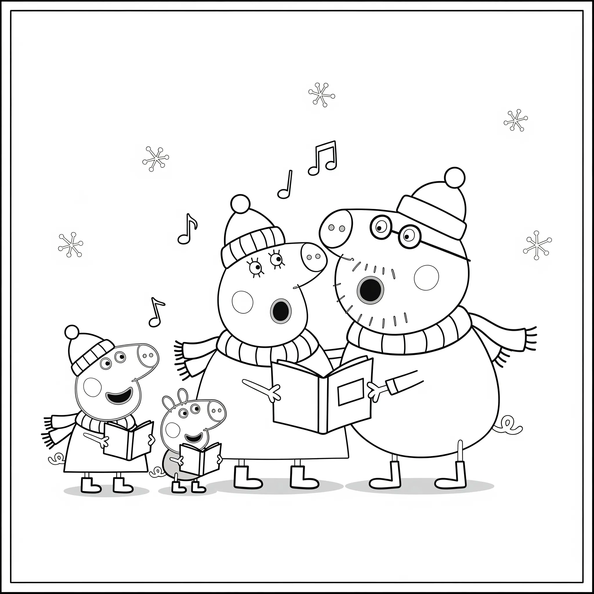 coloriage Peppa et sa famille chantent des chants de Noël et decoupage a imprimer gratuit