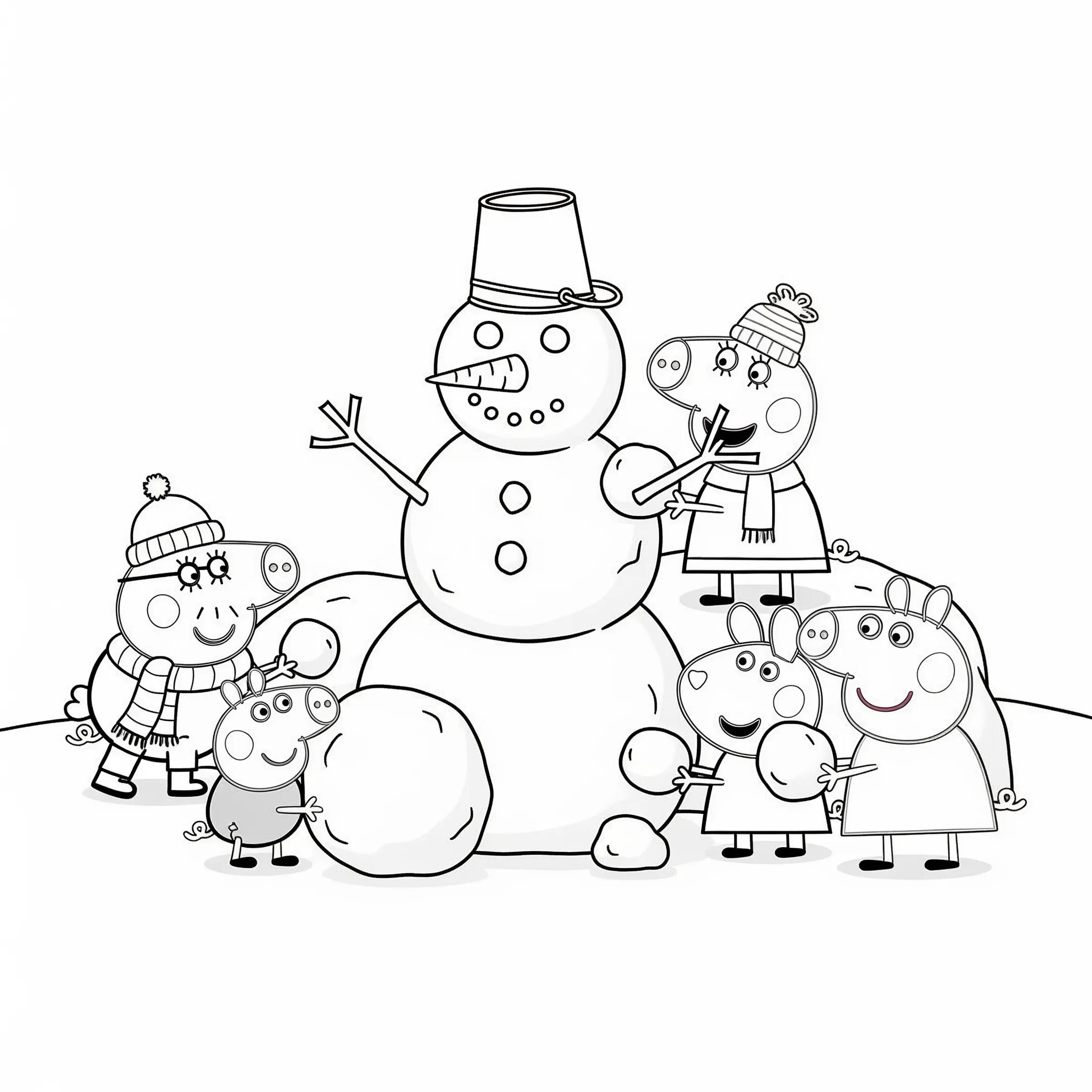 coloriage Peppa et ses amis faisant un bonhomme de neige pour enfant de 2 ans