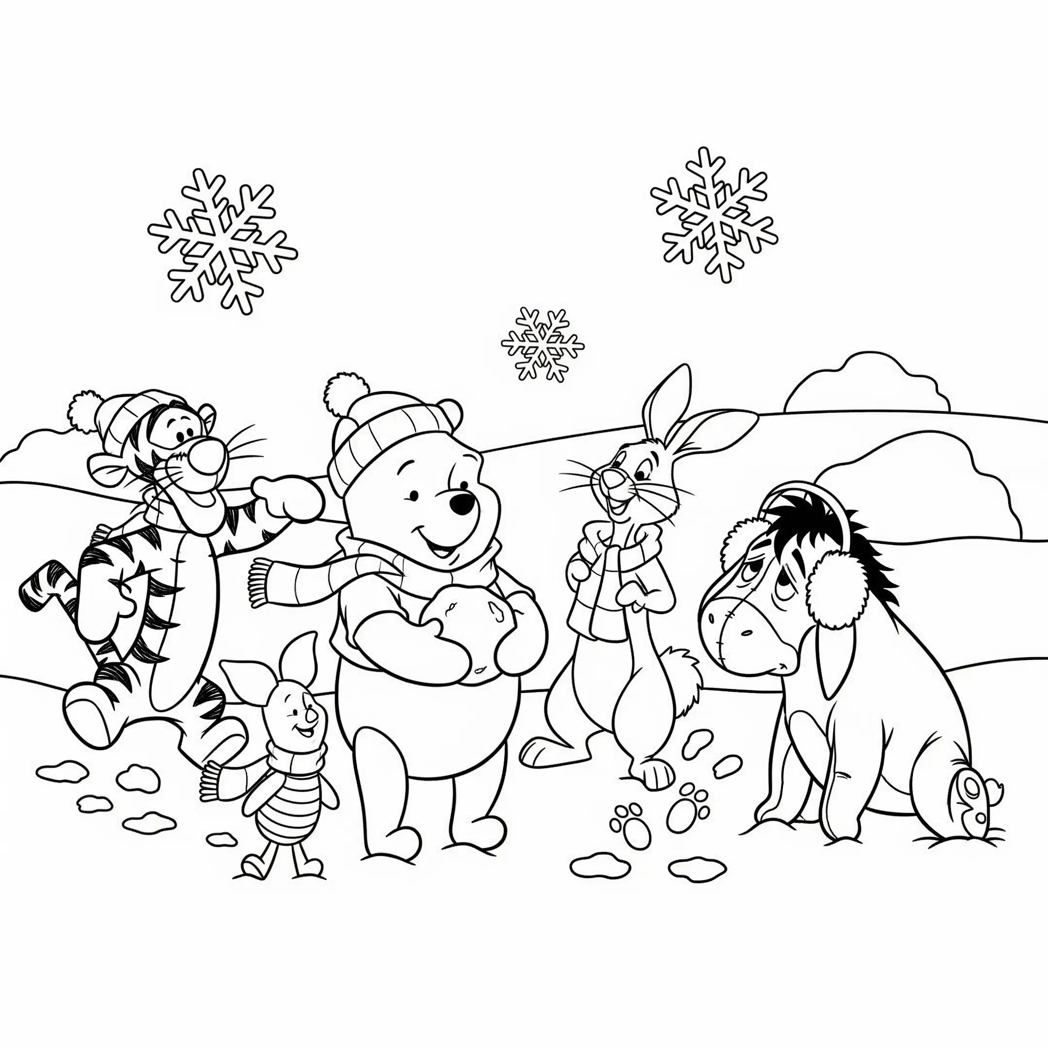 coloriage Tous les amis sous la neige et apprentissage