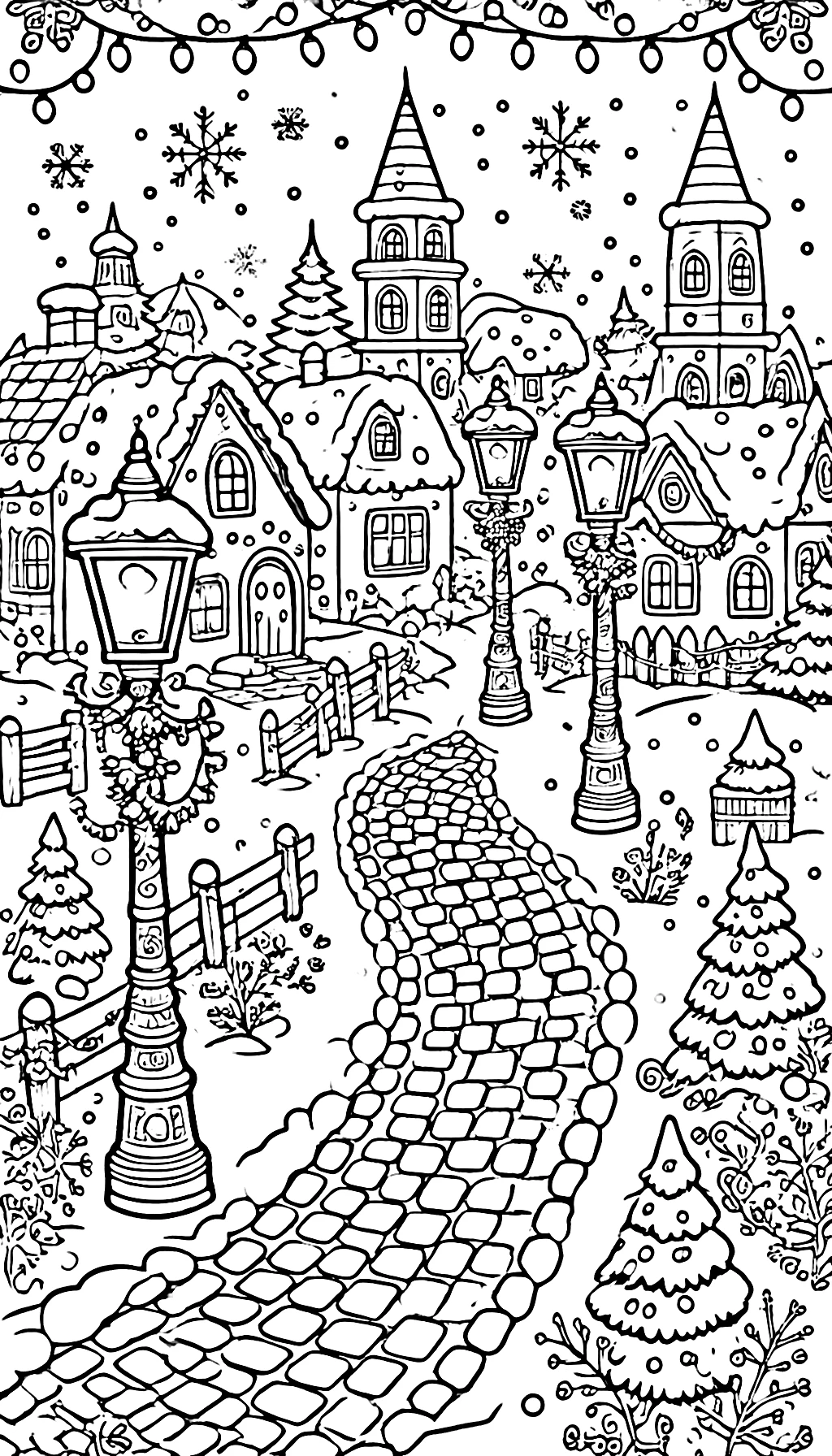 coloriage Village de Noël à imprimer pour enfant de 9 ans