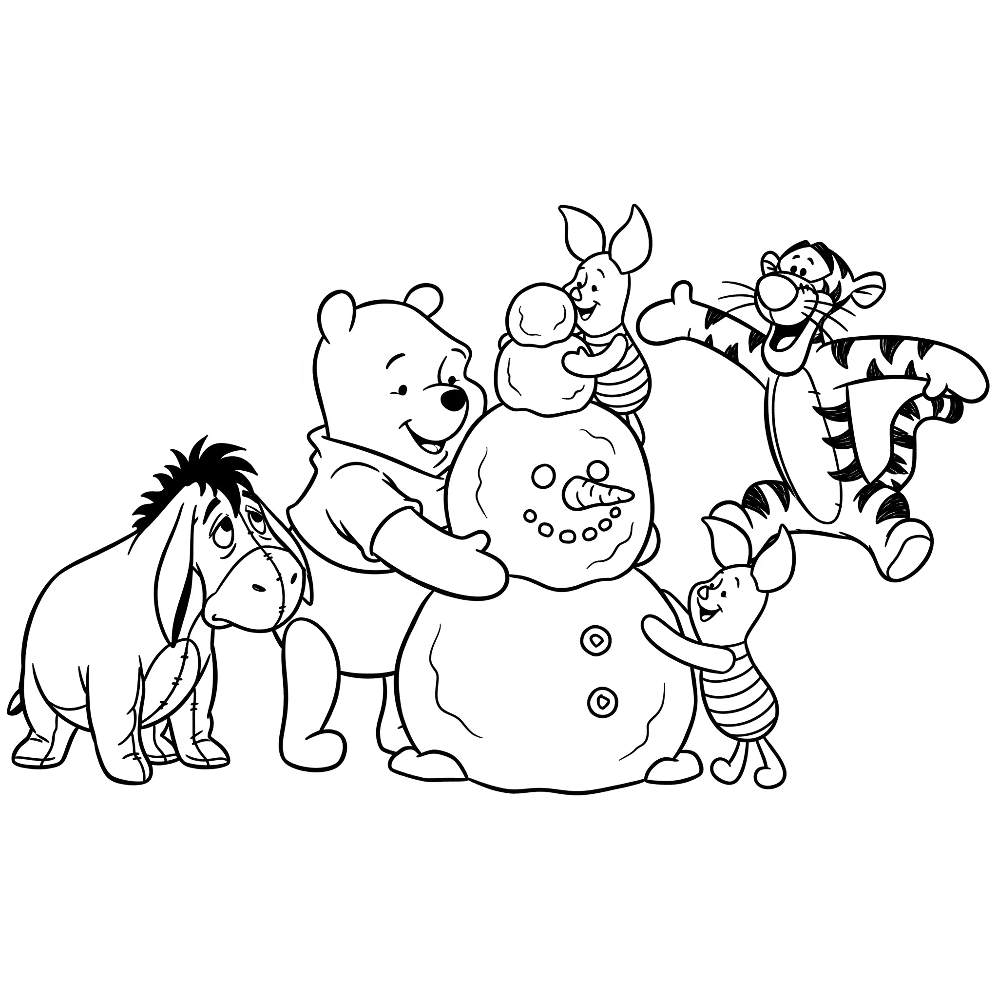 coloriage Winnie et ses amis font un bonhomme de neige pour enfants a imprimer gratuit